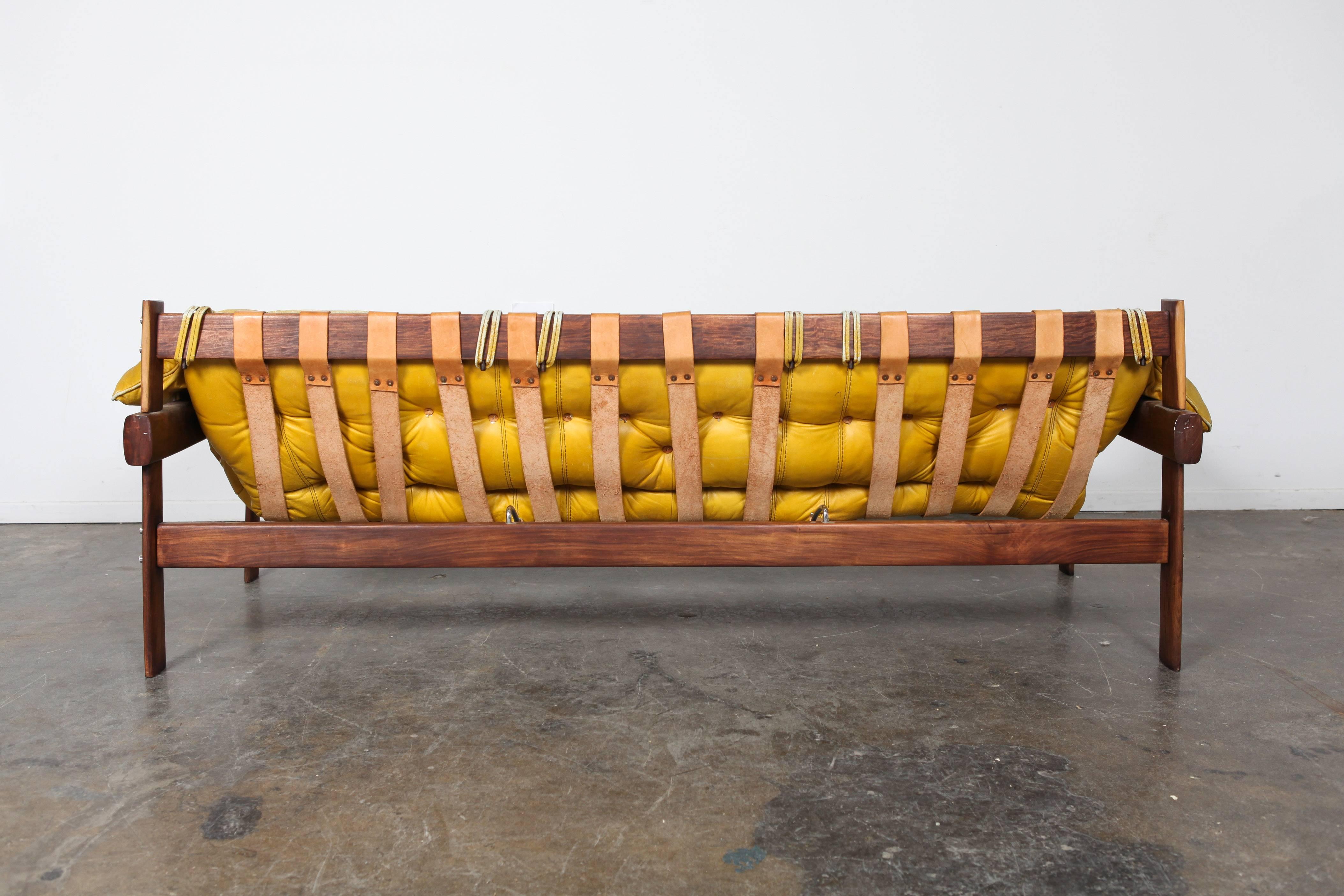 Percival Lafer Rosewood, and Distressed, Tufted, Yellow Leather, Sofa, Brazil 1