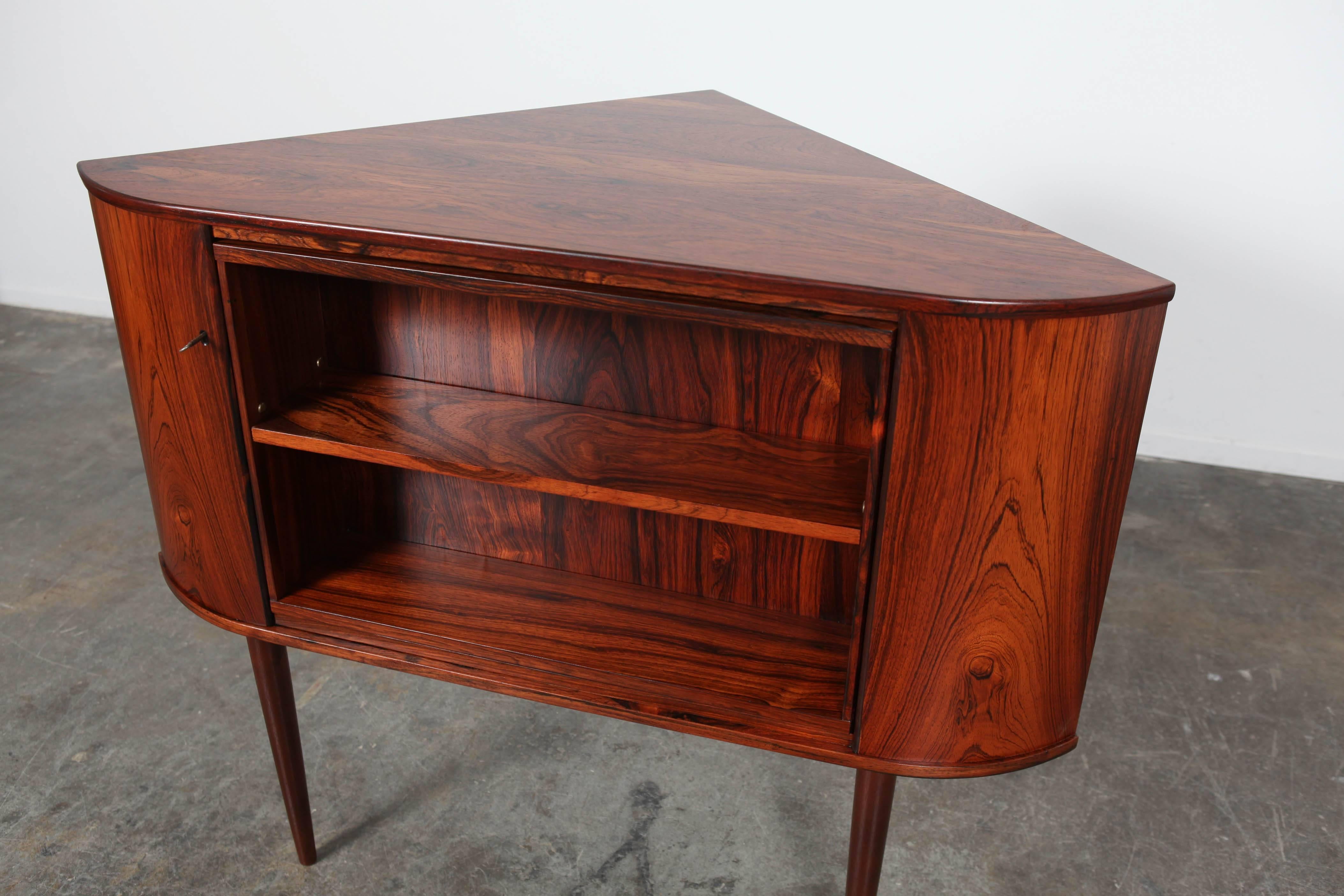 Mid-Century Modern Rosewood, Corner Bar with Locking, Rotating Door Designed by Torbjorn Afdal