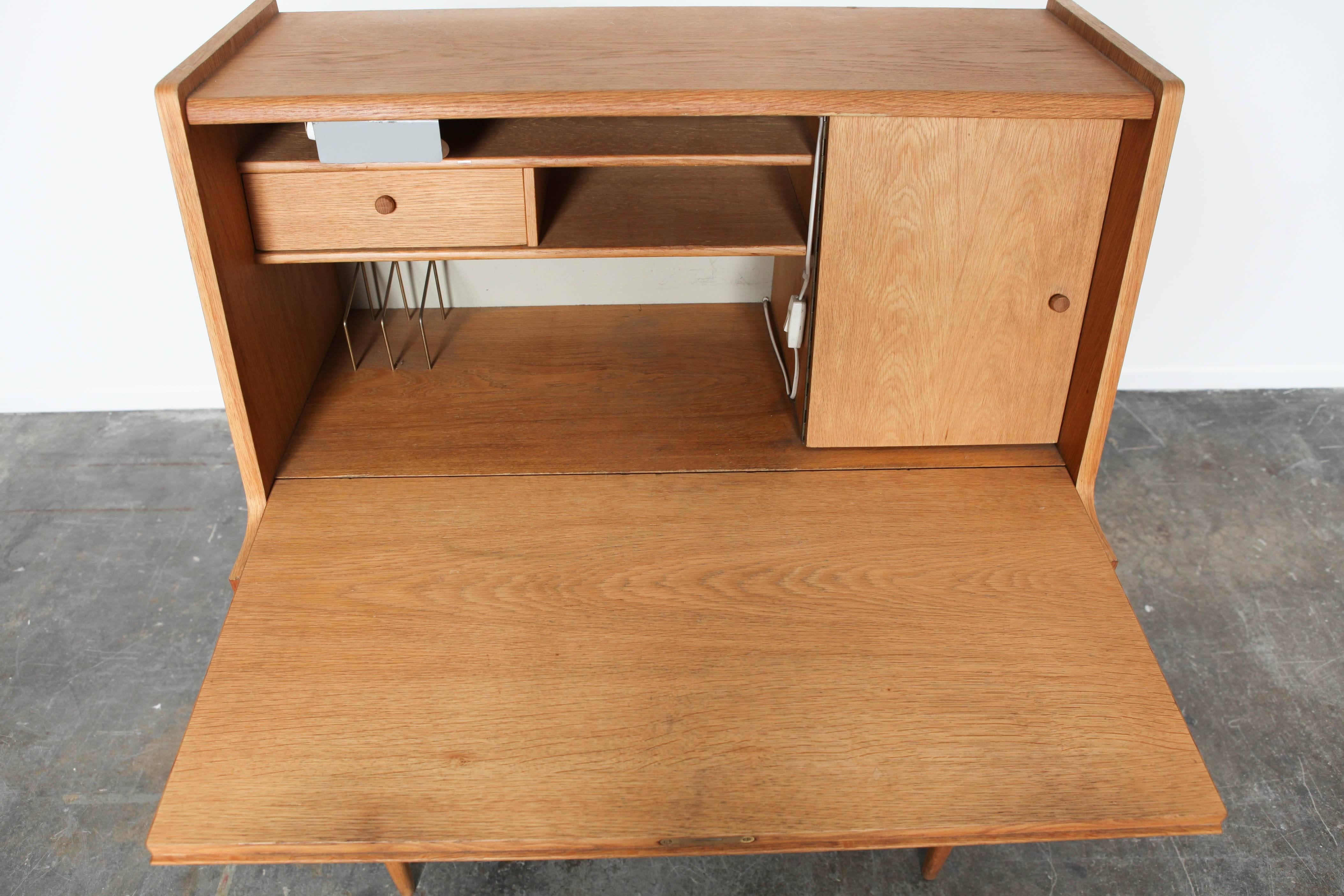 Midcentury Swedish Oak Secretary Desk with Drop Down Front Writing Tablet In Excellent Condition In North Hollywood, CA