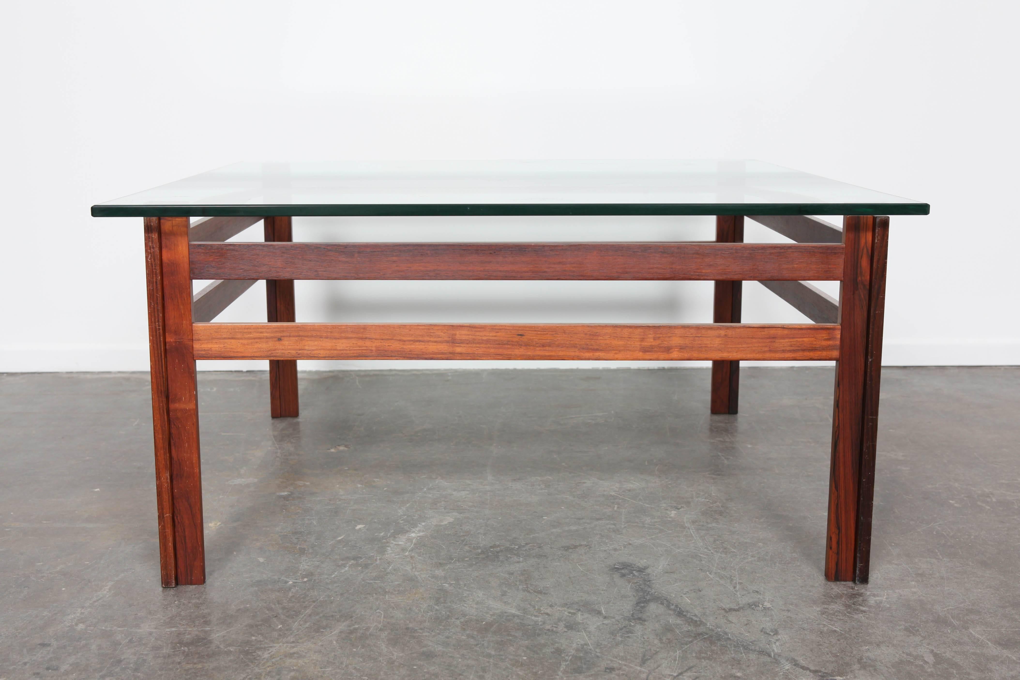 Swedish rosewood frame coffee table with glass top, square.