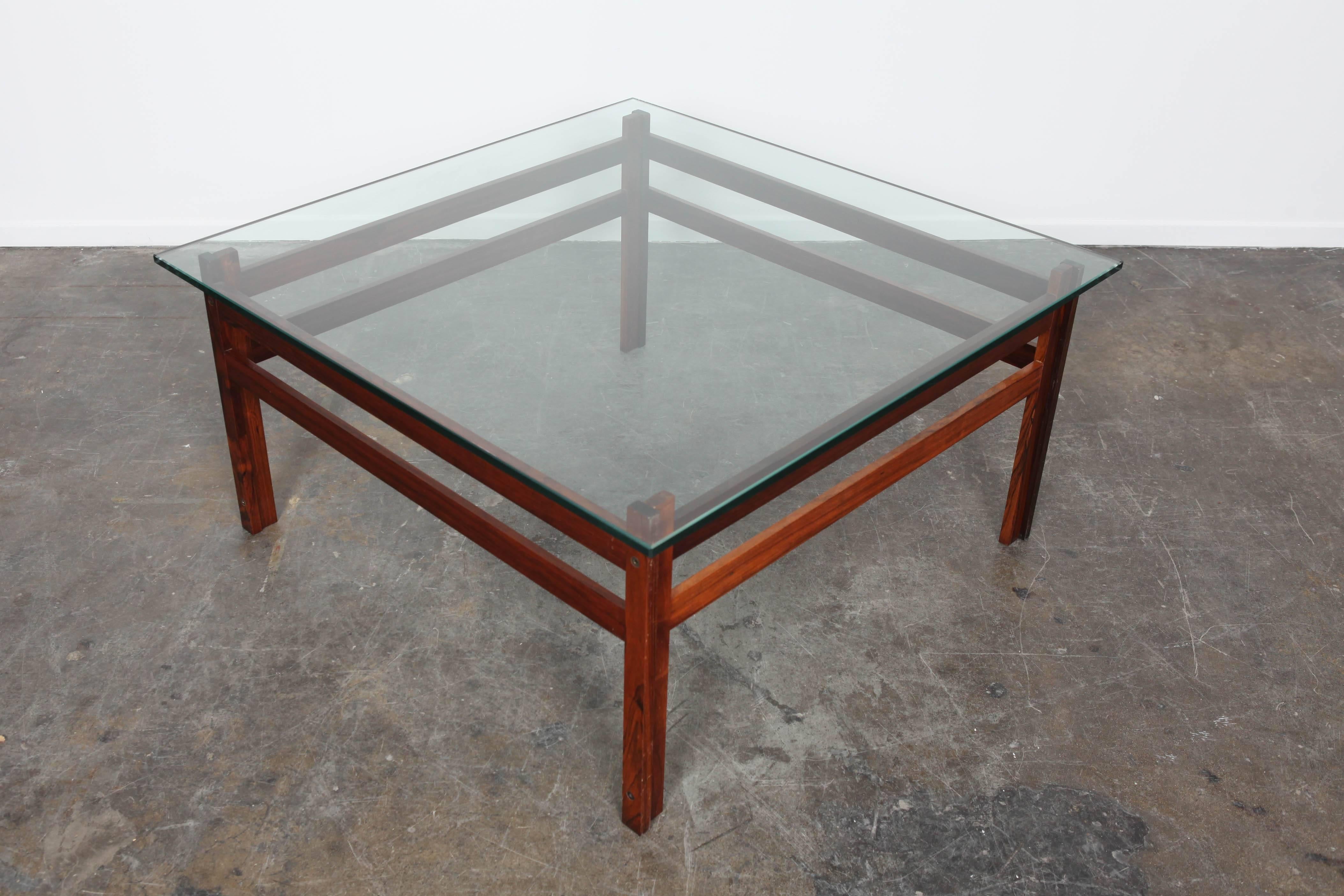 Mid-Century, Swedish, Rosewood Frame Coffee Table with Glass Top, Square In Excellent Condition In North Hollywood, CA
