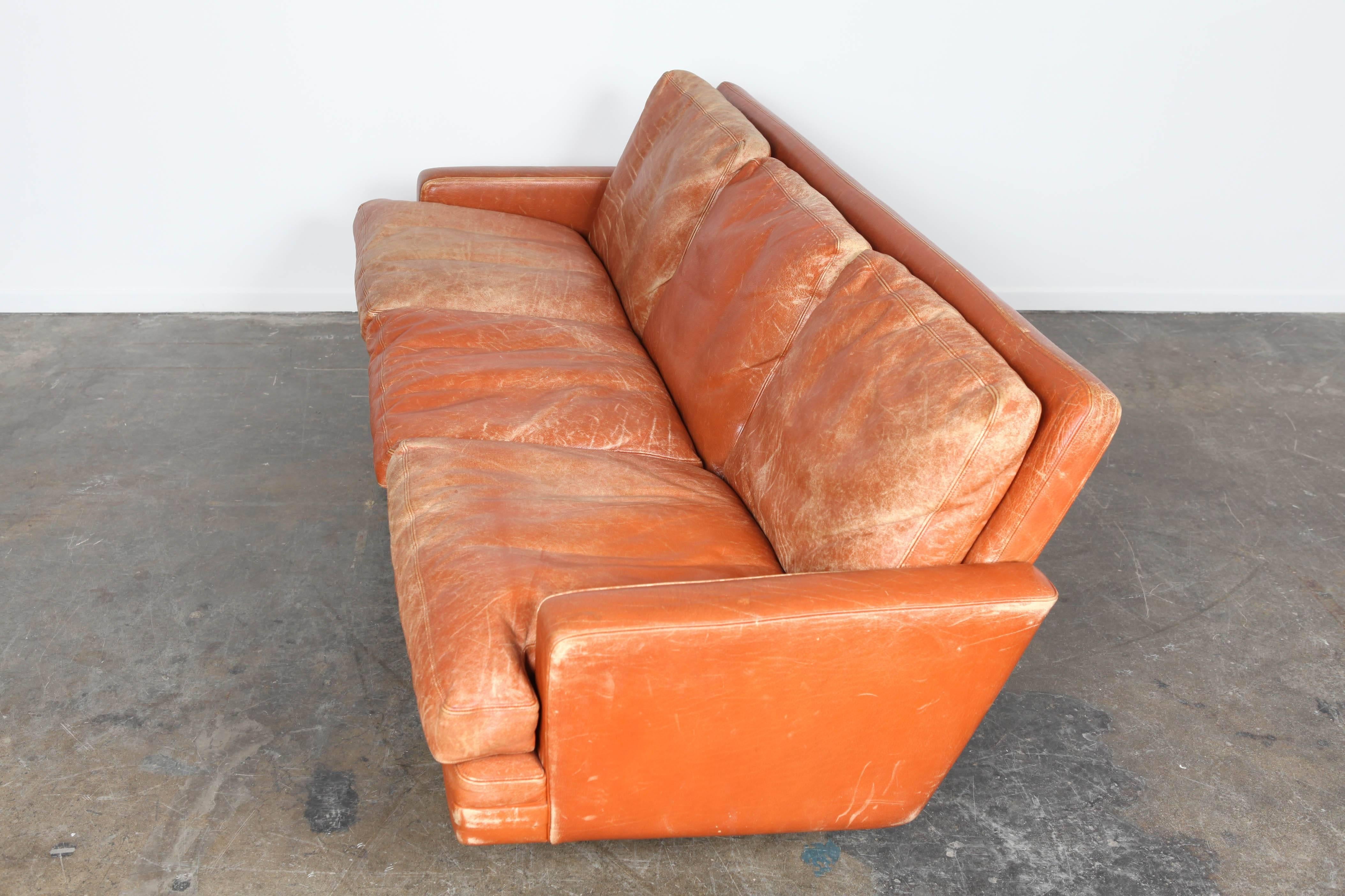 Norwegian Mid-Century Modern Burnt-Orange Leather Sofa by Fredrik Kayser In Good Condition In North Hollywood, CA