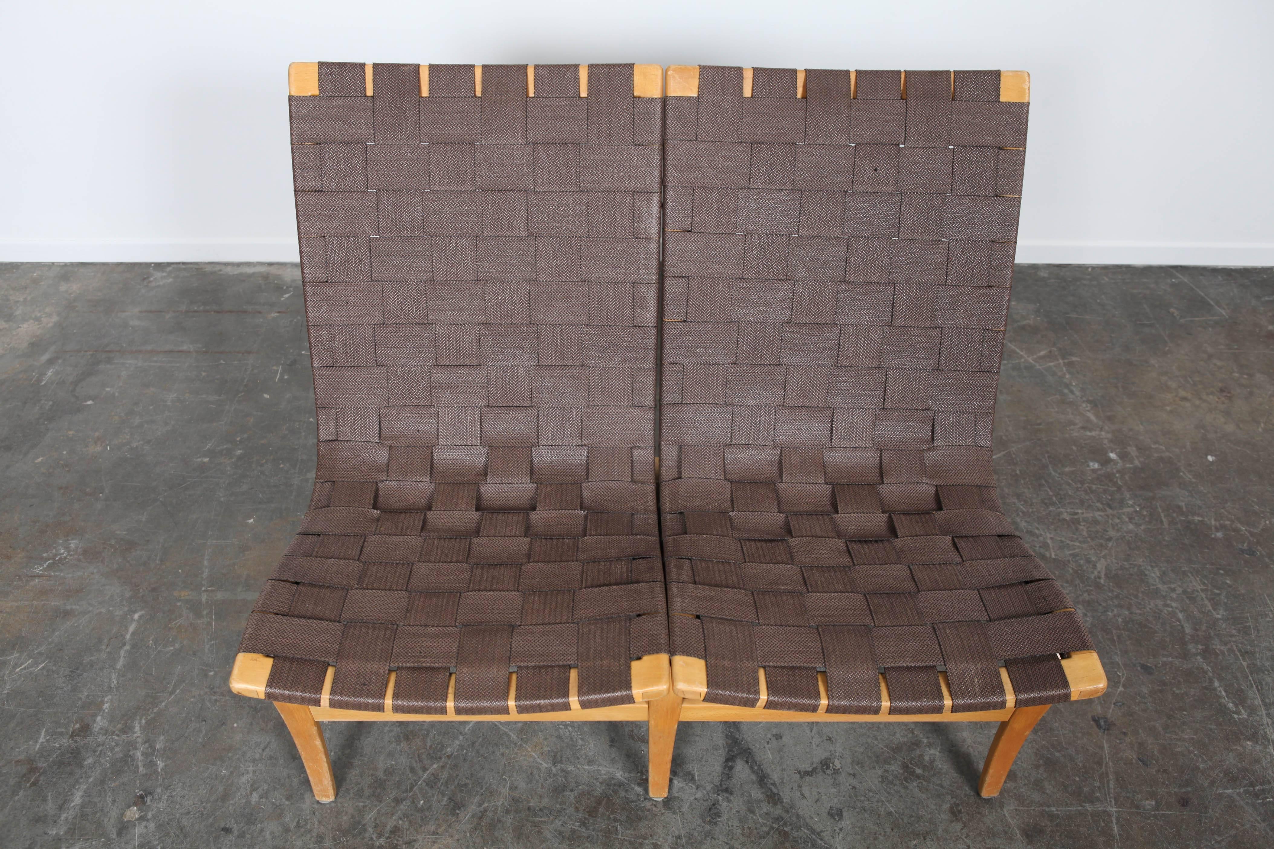 Two-seat sofa with original webbing on bent beech frames by Bruno Matthson.