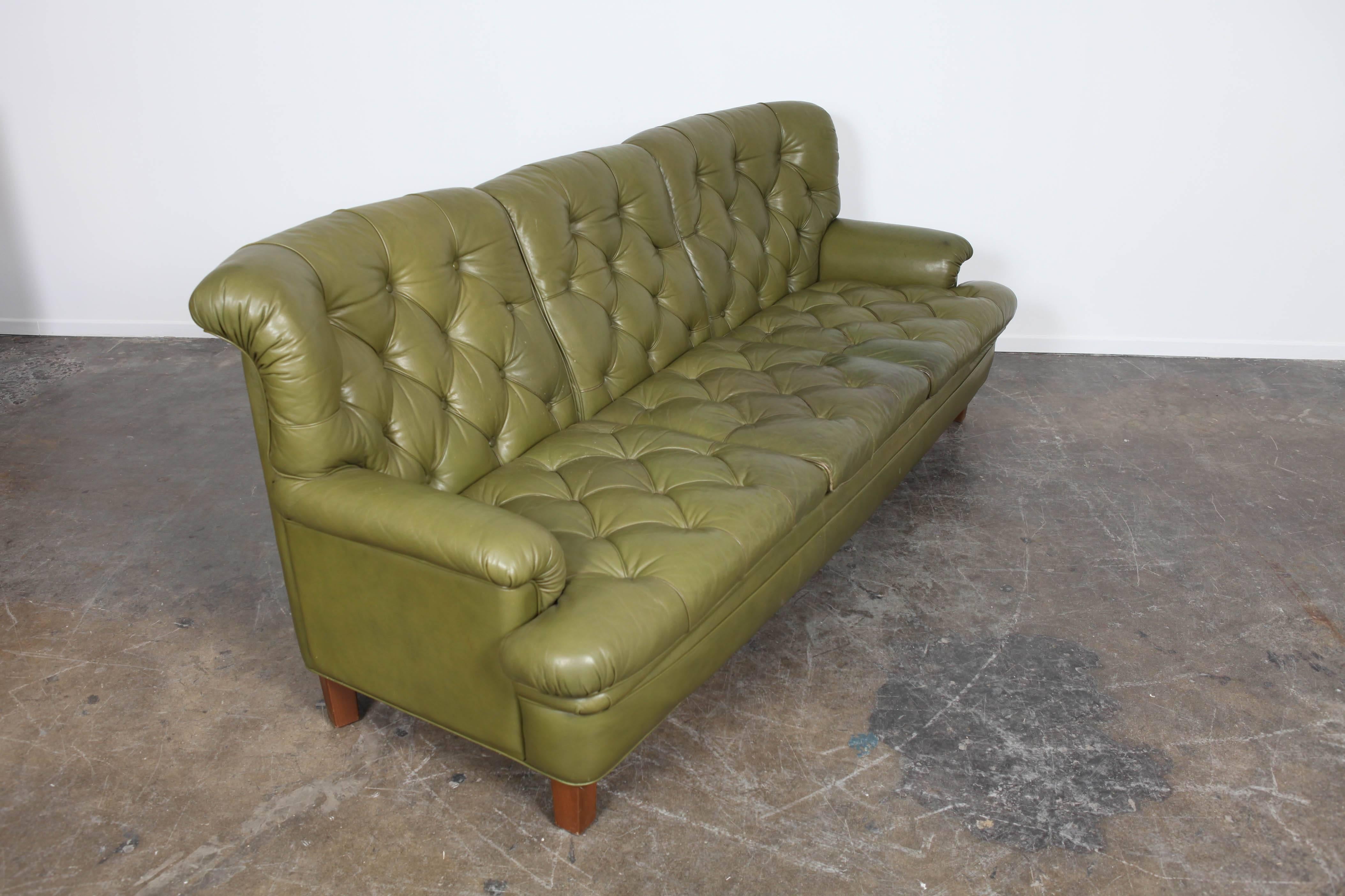 Mid-Century Modern Arne Norell Three-Seat Sofa in Green Leather