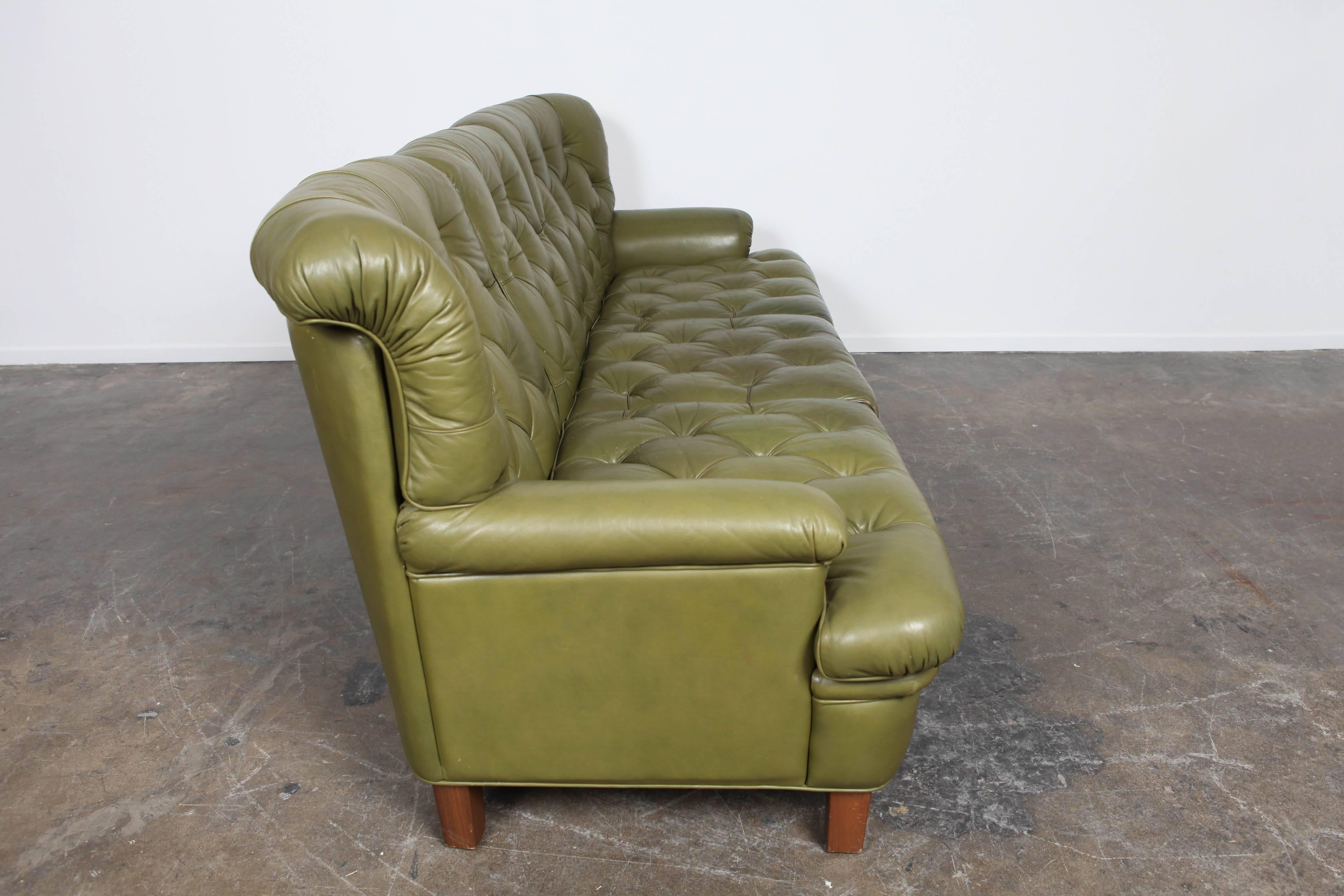 Swedish Arne Norell Three-Seat Sofa in Green Leather