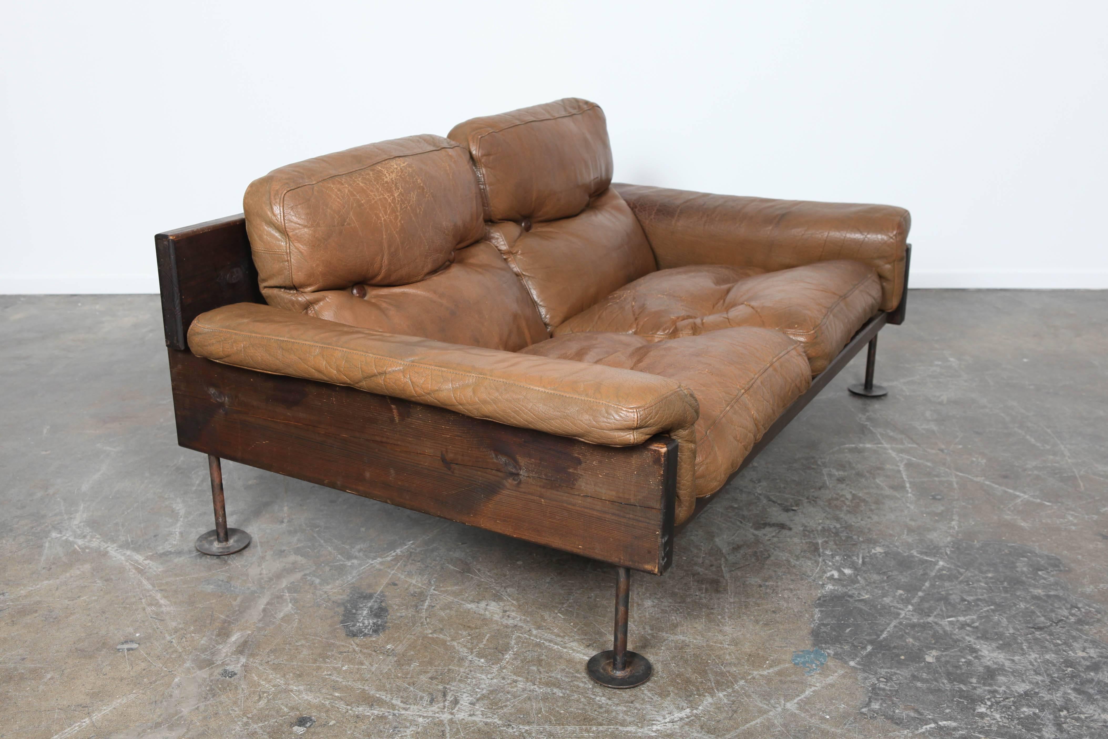 Brown Leather Two-Seat Sofa by Hannu Jyräs, Finland In Good Condition In North Hollywood, CA