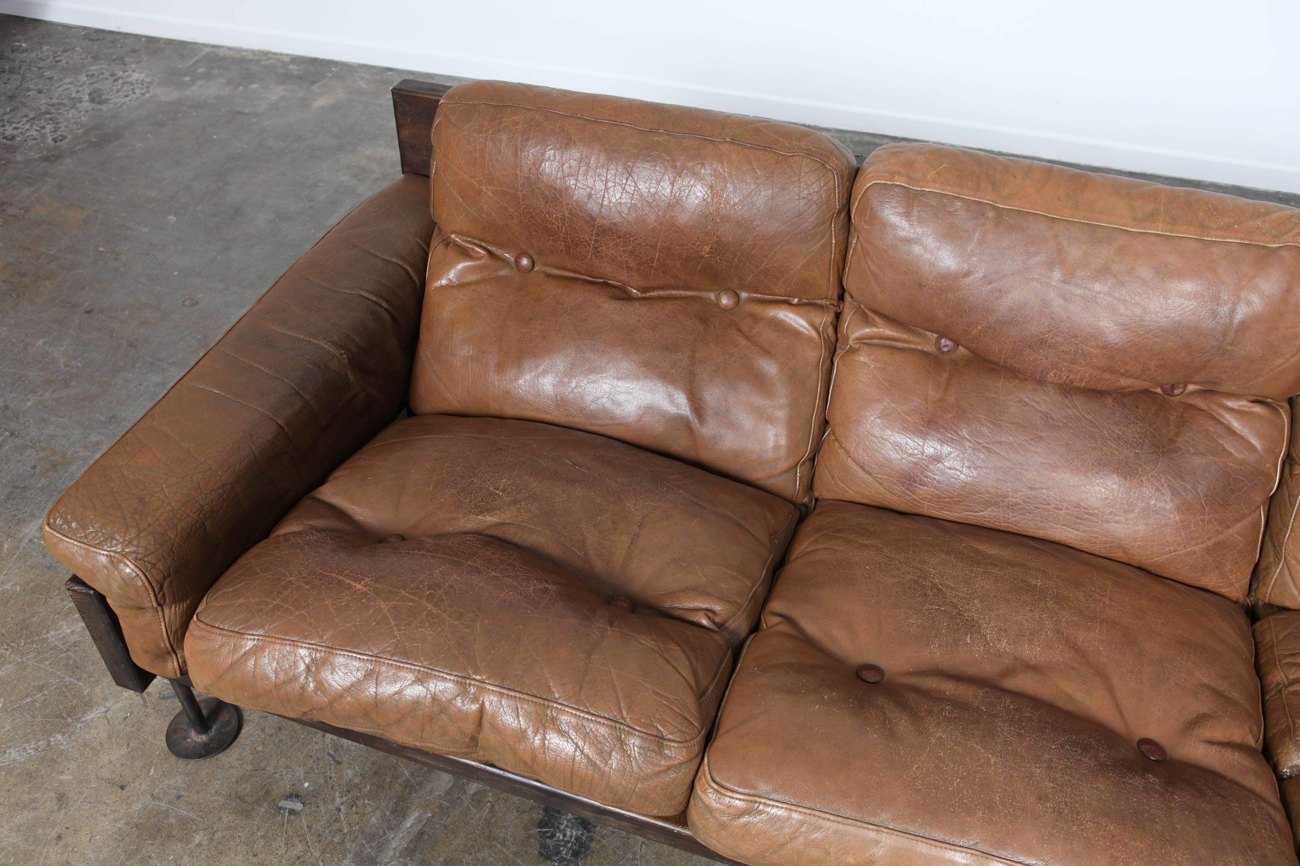 Finnish Brown Leather Three-Seat Sofa by Hannu Jyras, Finland