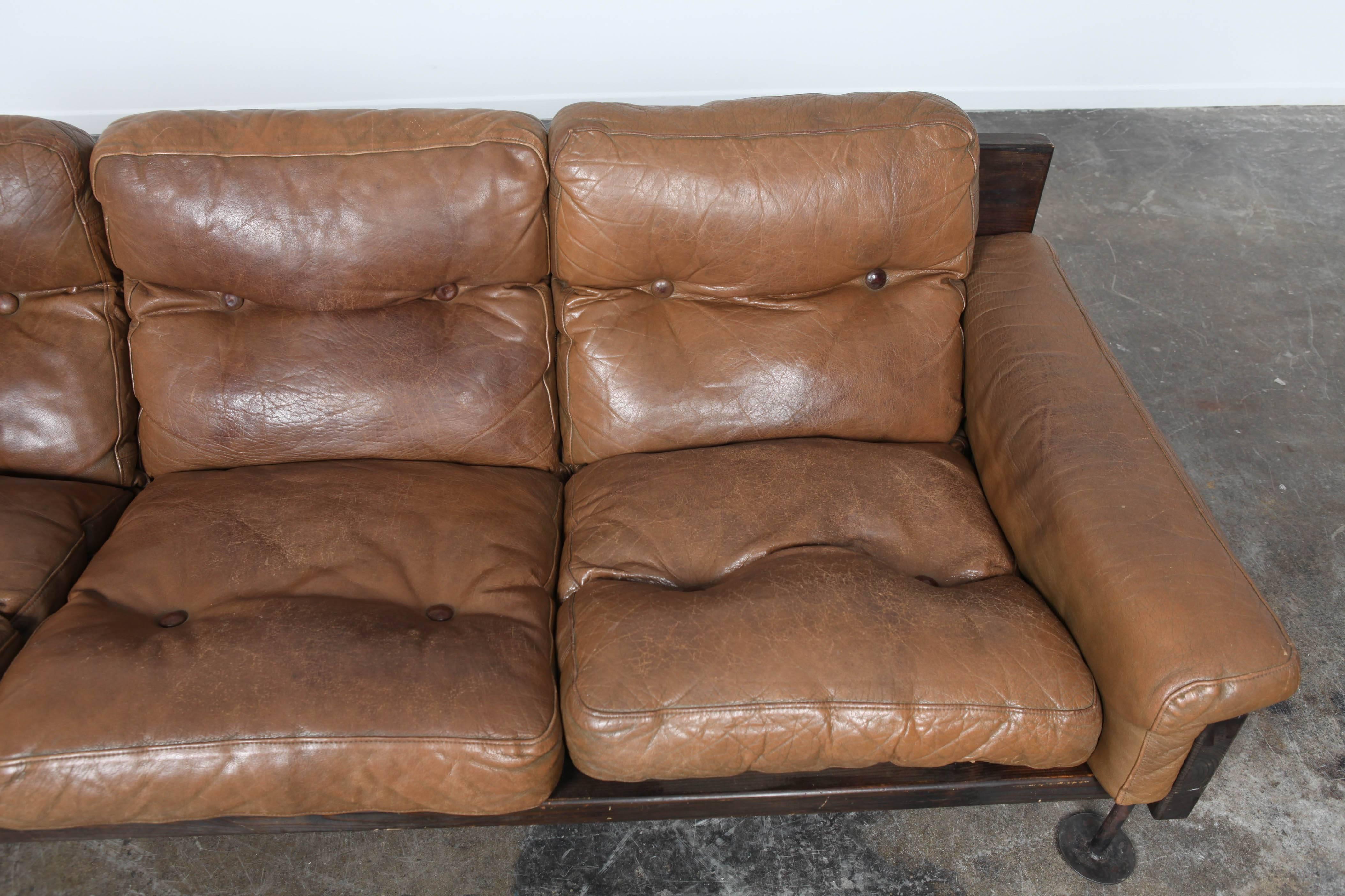 Brown Leather Three-Seat Sofa by Hannu Jyras, Finland In Good Condition In North Hollywood, CA