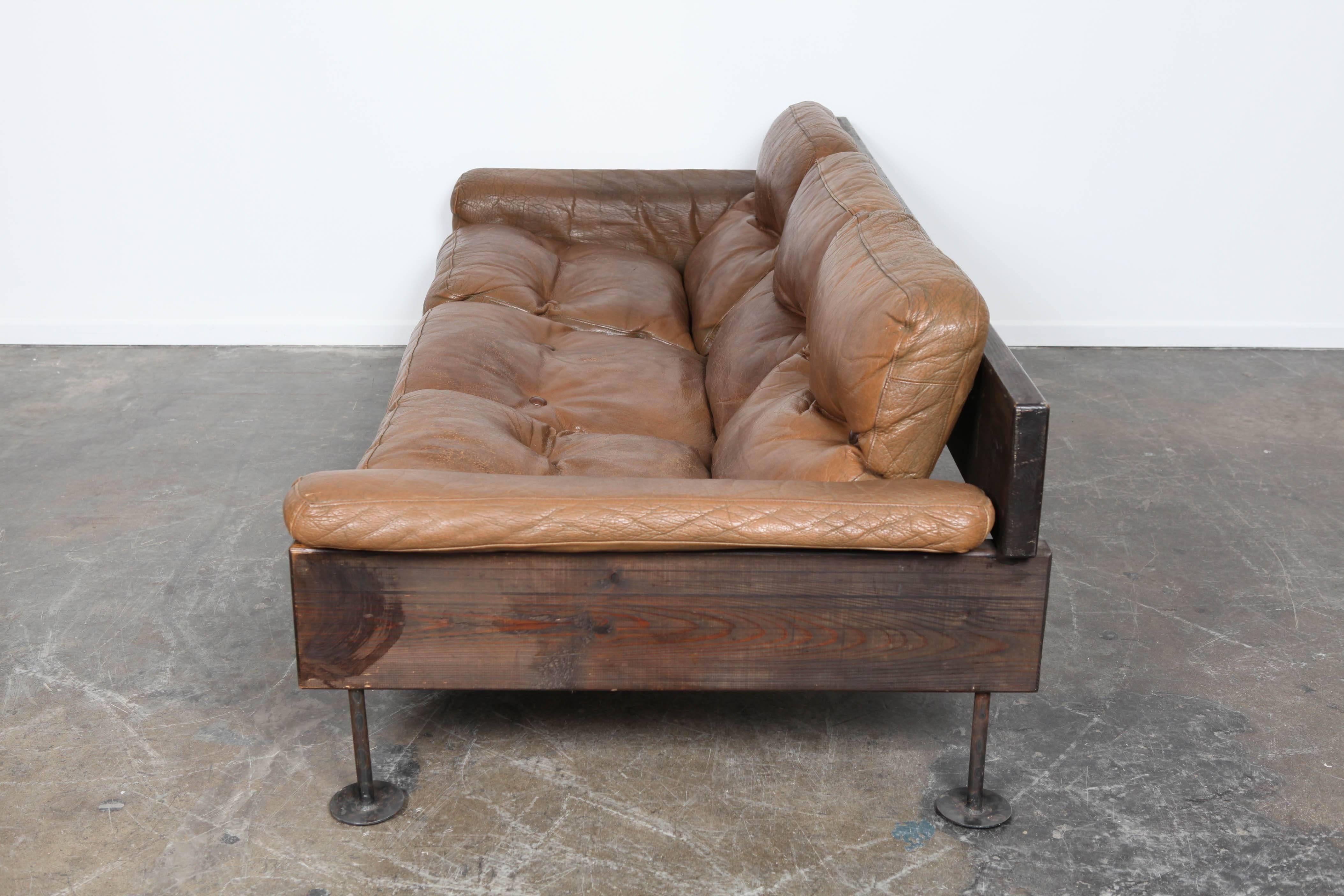 Brown Leather Three-Seat Sofa by Hannu Jyras, Finland 1