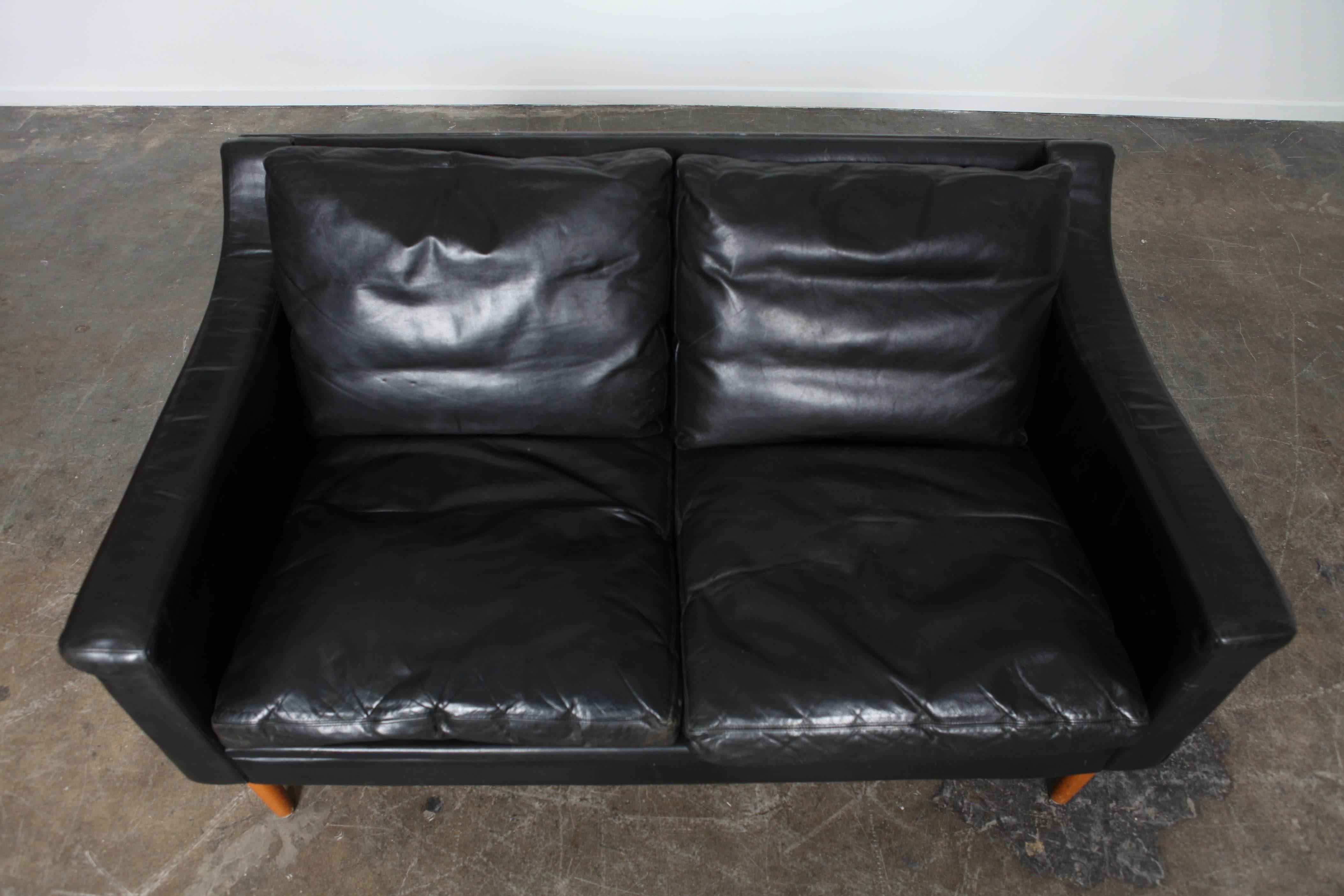 Mid-Century Modern Black Leather Two-Seat Sofa