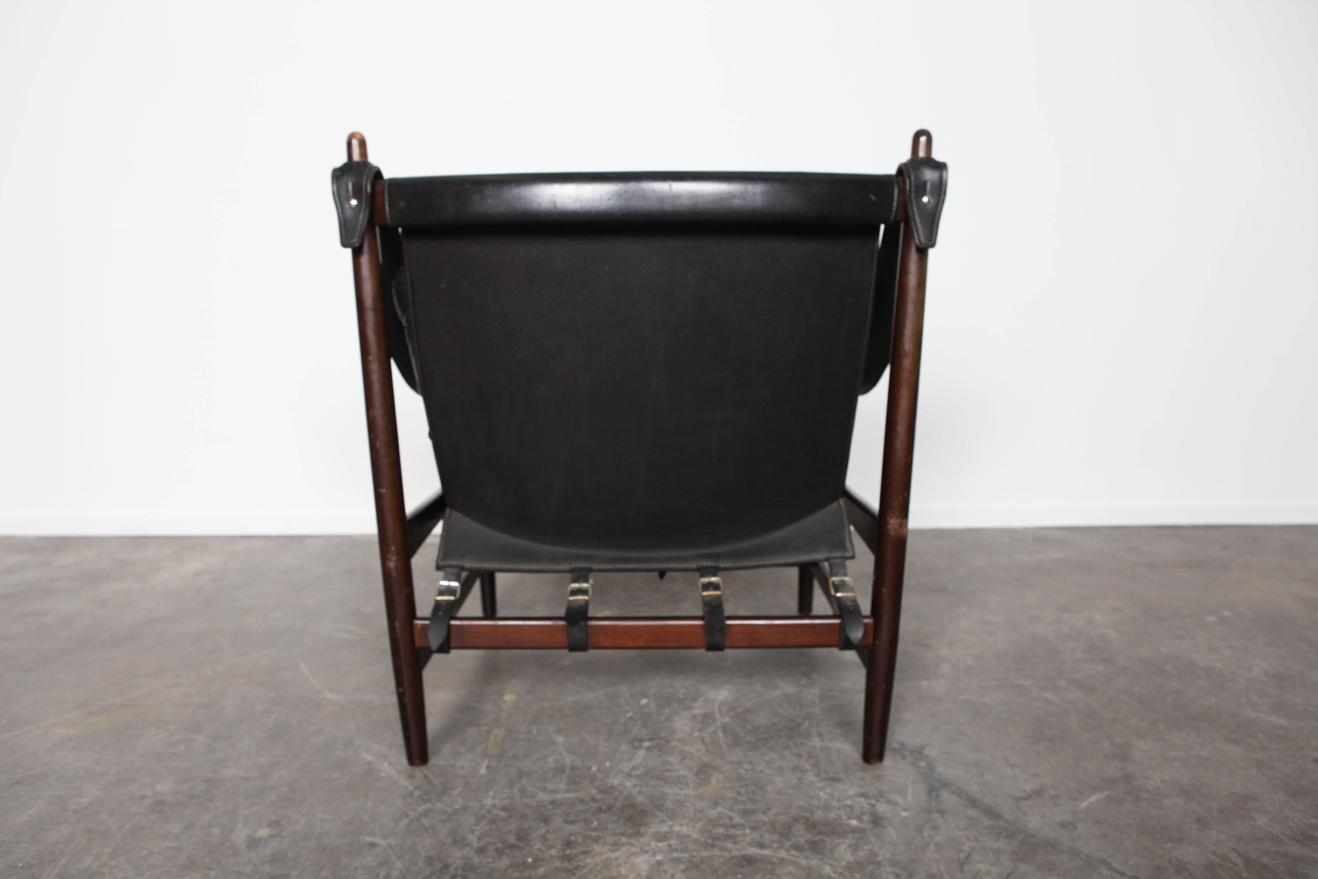 Midcentury Black Leather Safari Chair In Good Condition In North Hollywood, CA
