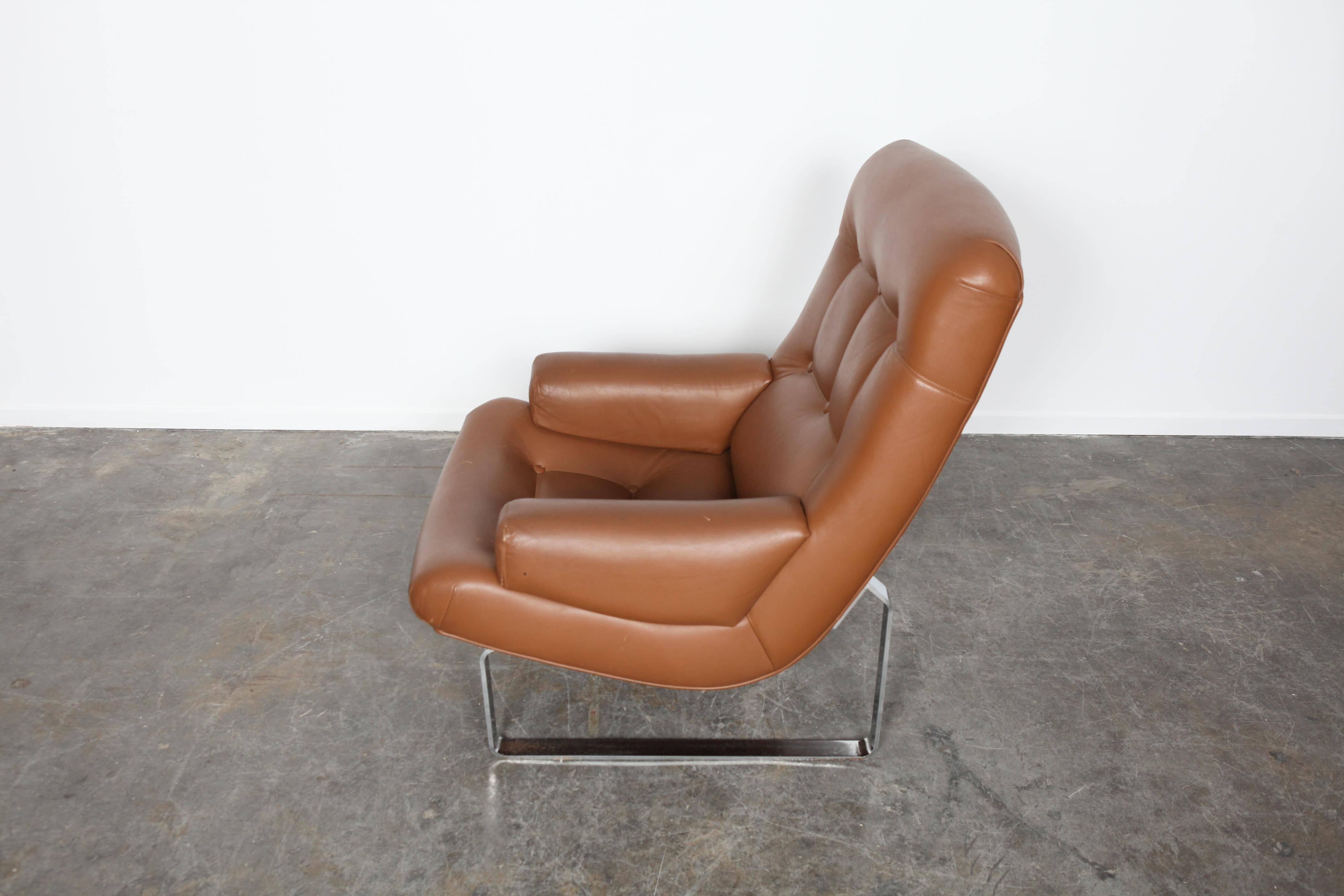 Swedish Brown Leather With Chrome Base Lounge Chair by Inge Andersson, 1960s, Sweden For Sale
