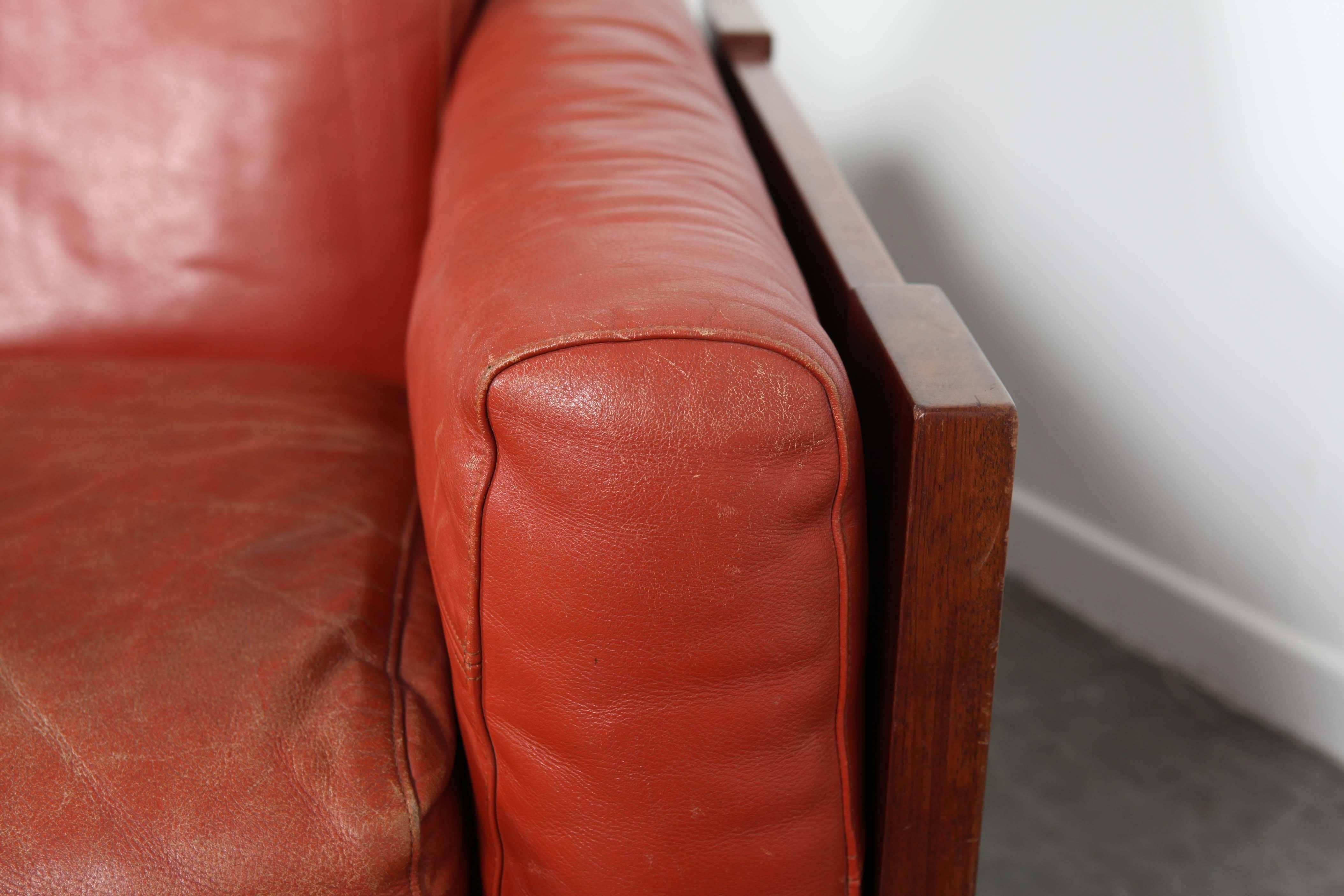 Norwegian Mid-Century Modern Red Leather Three-Seat Sofa by Torbjørn Afdal
