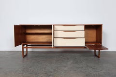 English Three-Door Three-Drawer Midcentury Teak Sideboard with Sleigh Legs