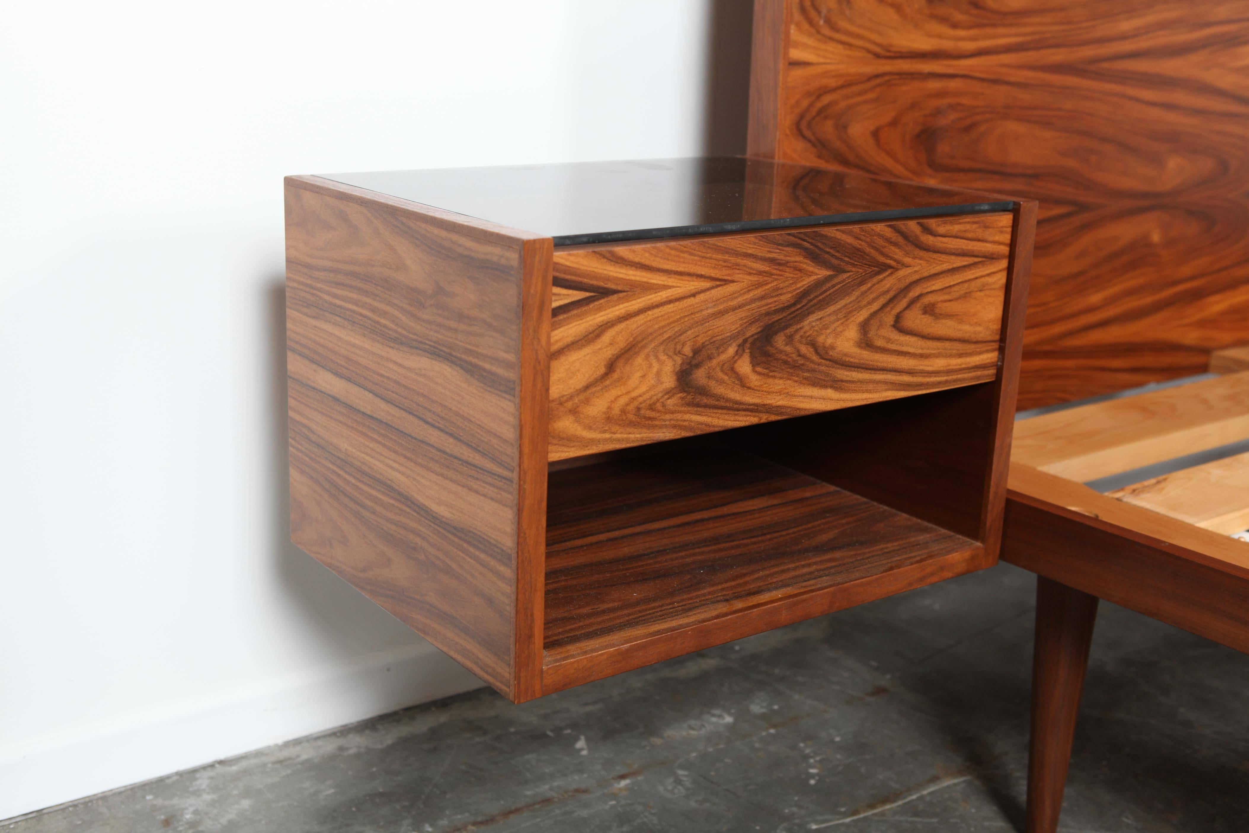 Mid-Century Modern New Queen Rosewood Bed with Mounted Bedside Tables Based on Hans Wegner Design