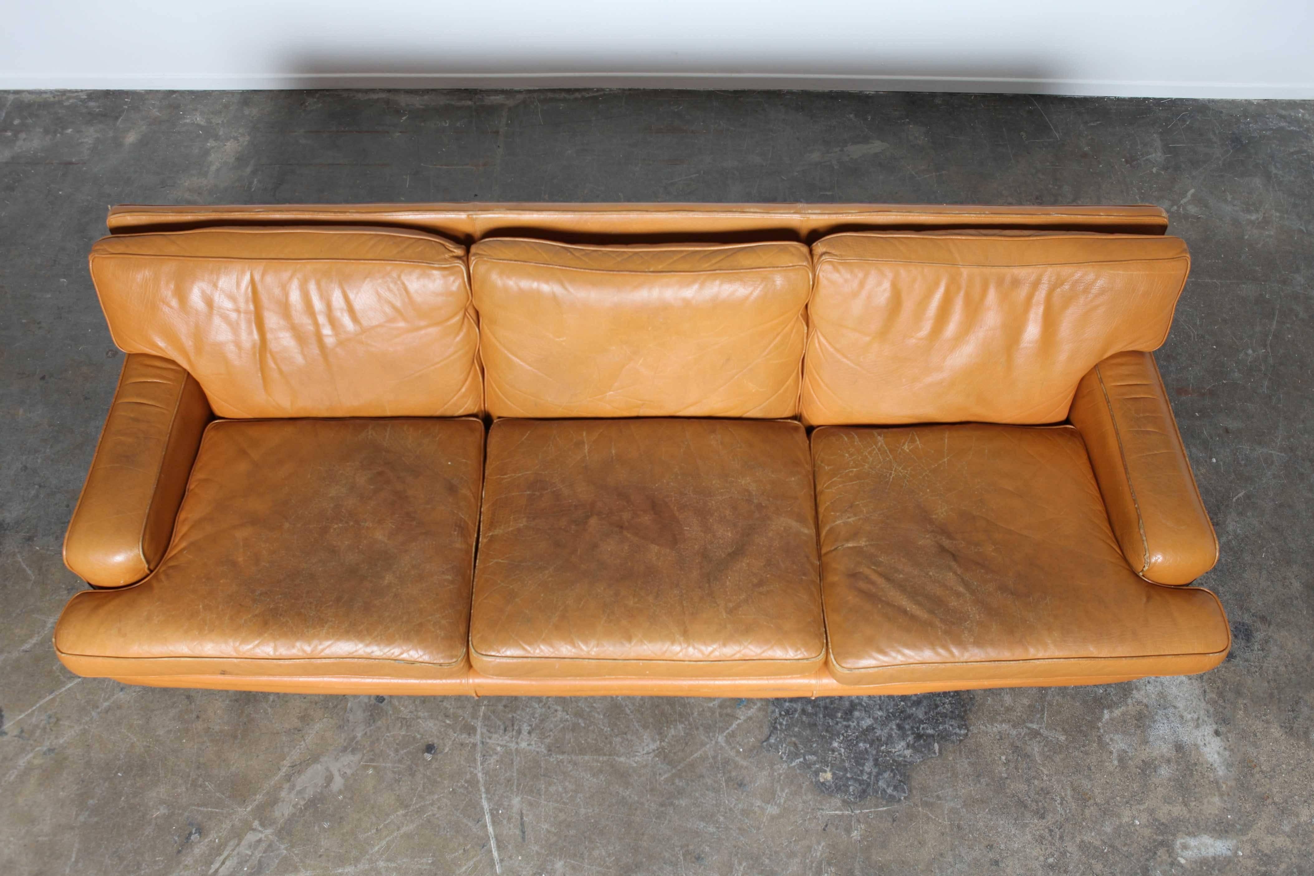 Swedish Three-Seat Camel Leather Sofa Attributed to Arne Norell