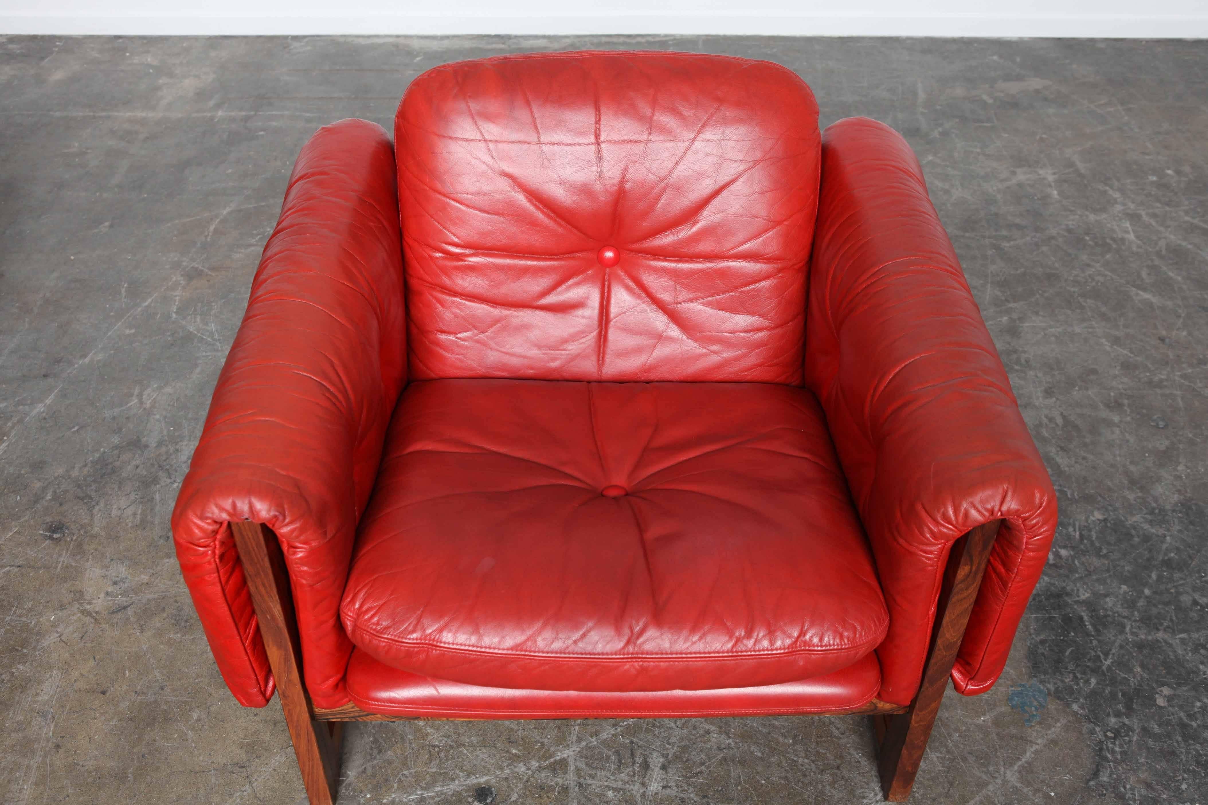 Mid-Century Modern Pair of Red Leather 