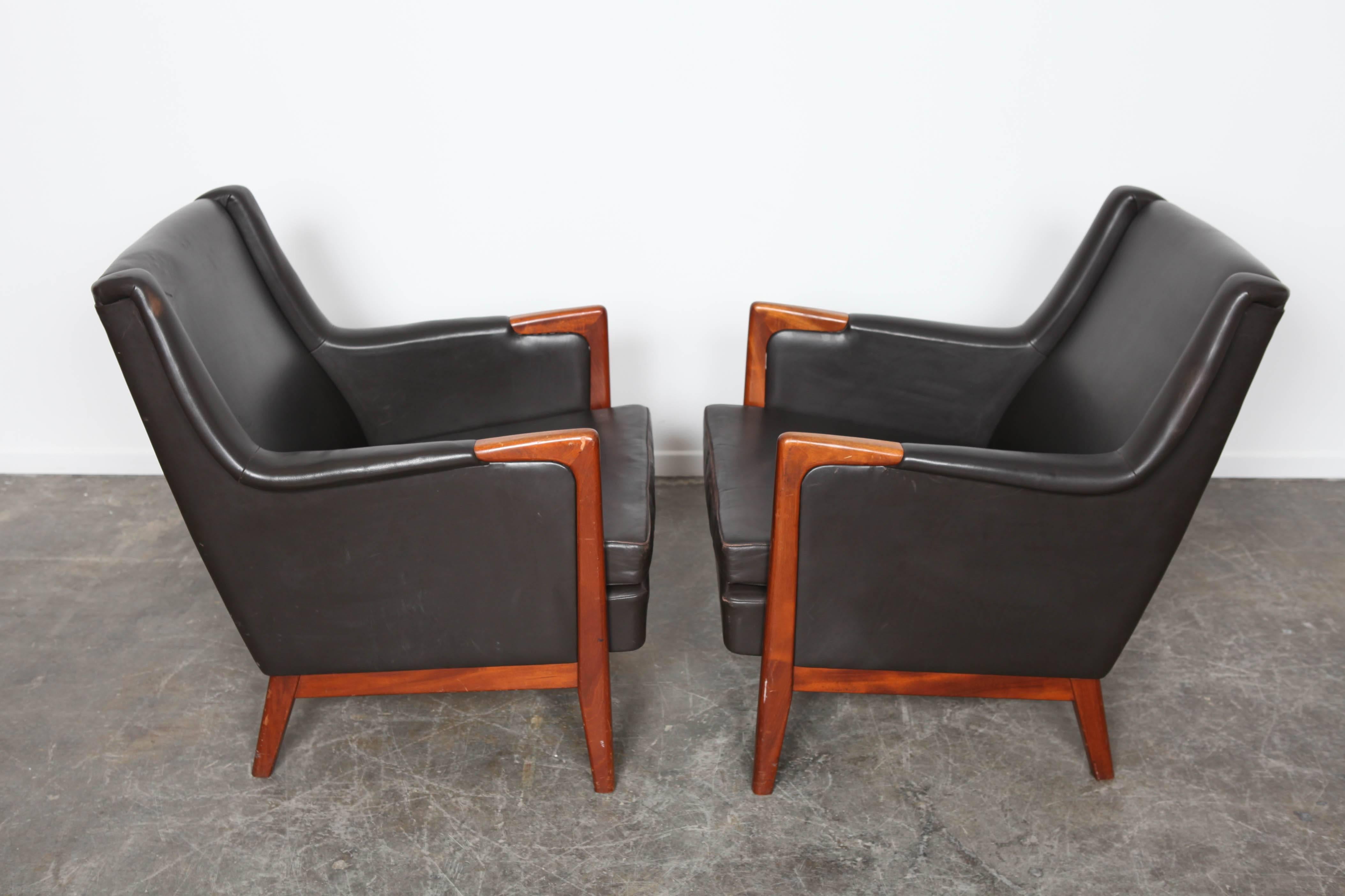 Pair of Black Leather Lounge Chairs by Karl Erik Ekselius of Sweden 1