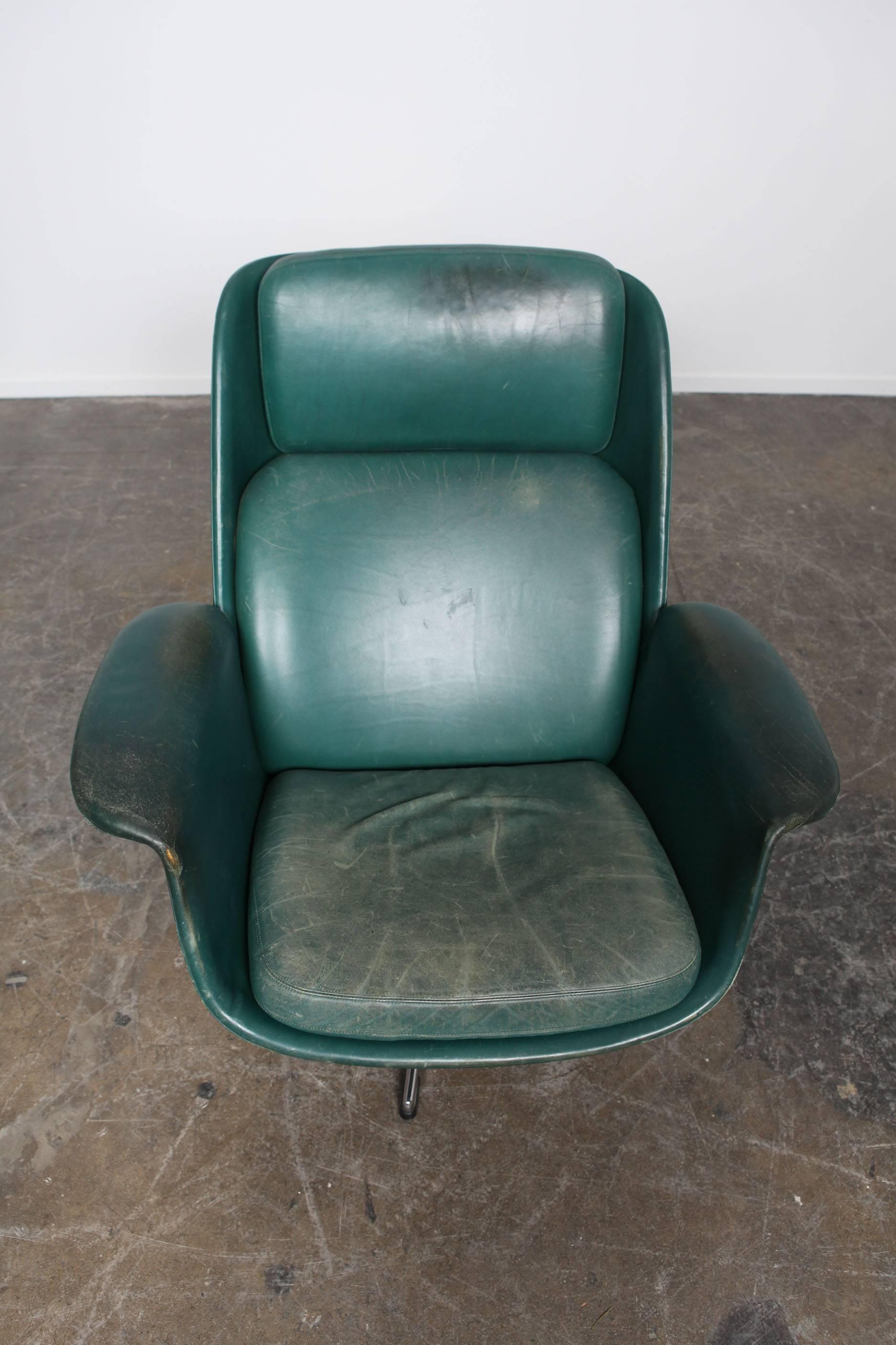 Mid-Century Modern Danish Midcentury Green Leather Swivel Lounge Chairs
