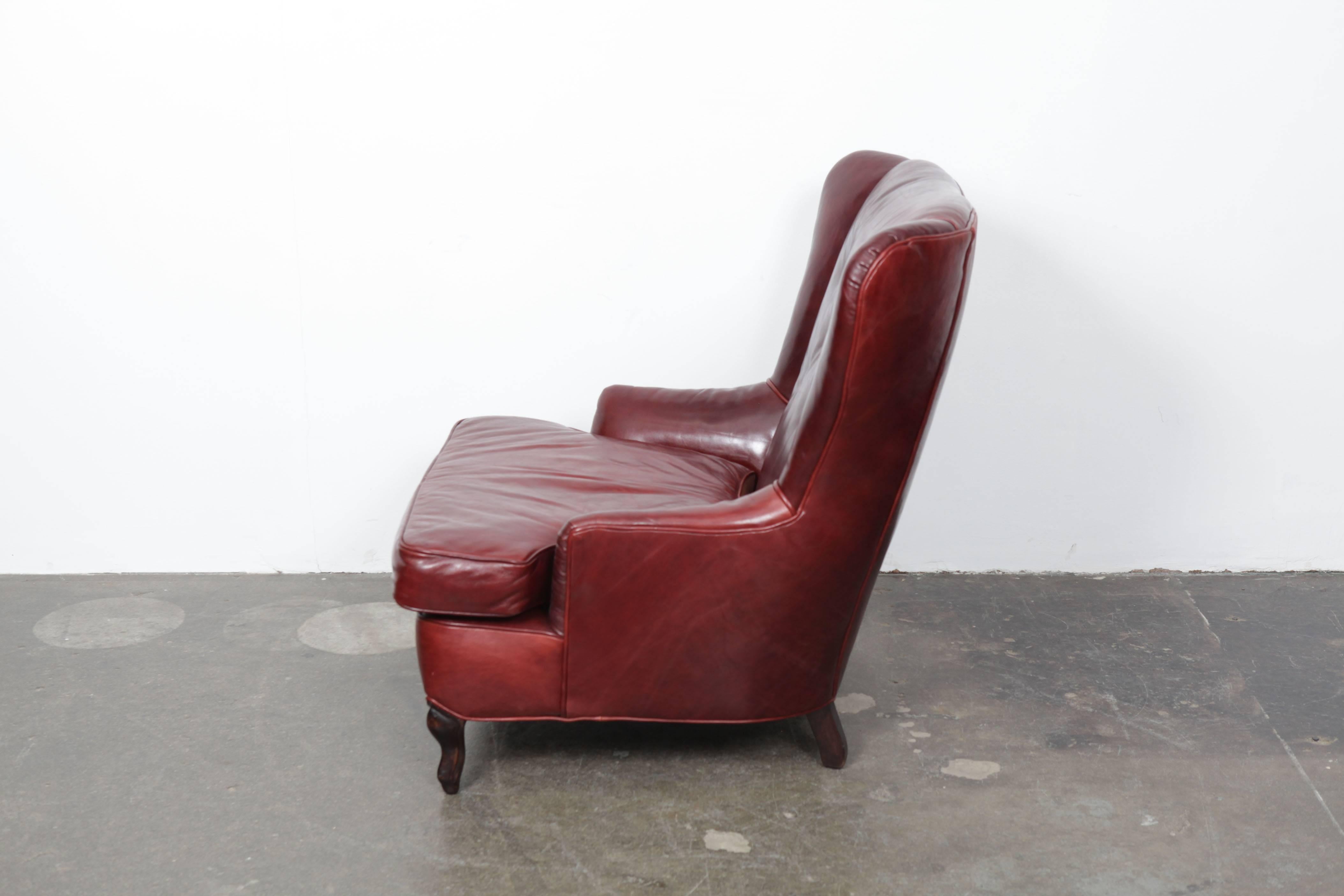 American Oxblood Leather Wing Back Button Tufted Lounge Chair
