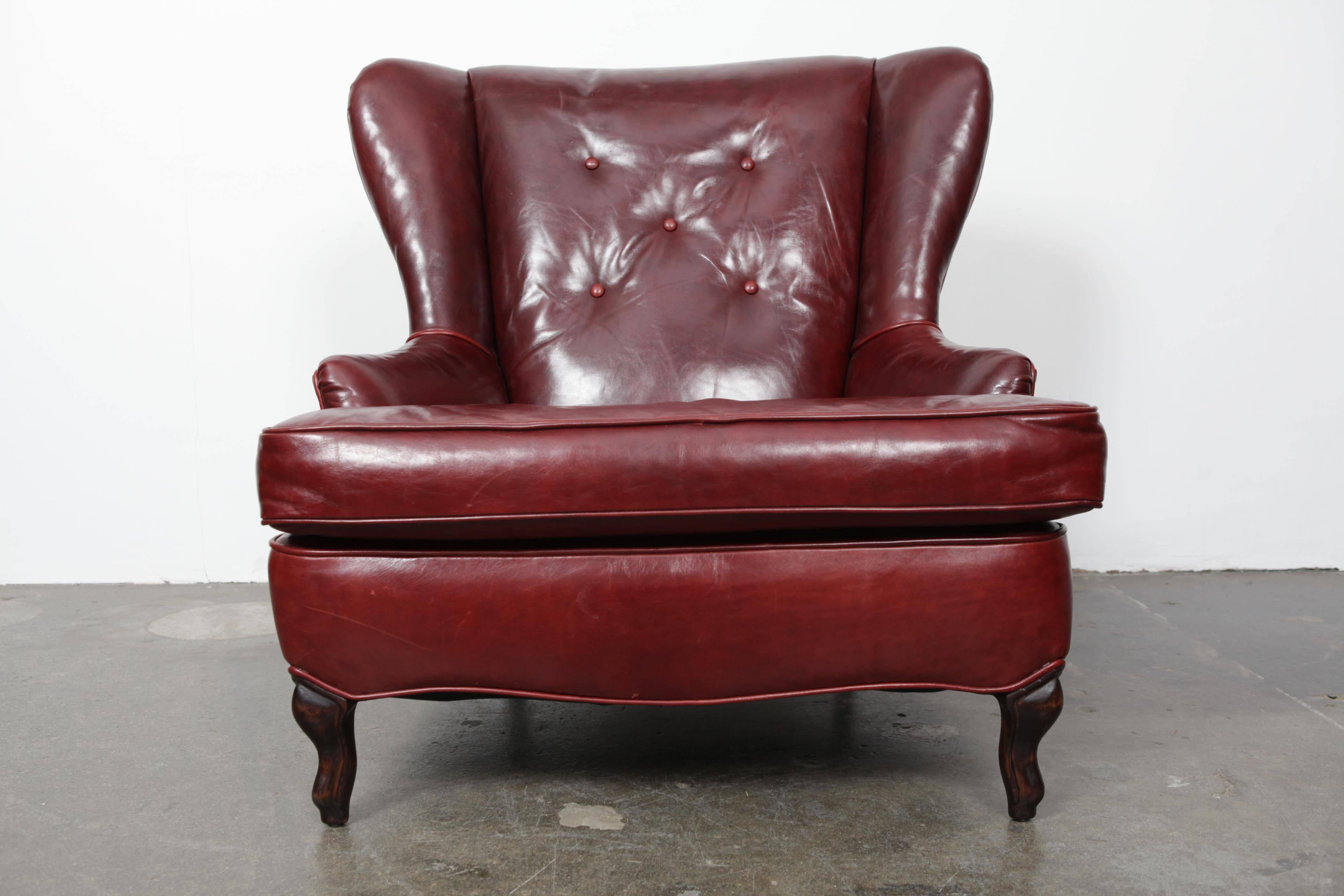 Oxblood Leather Wing Back Button Tufted Lounge Chair In Good Condition In North Hollywood, CA
