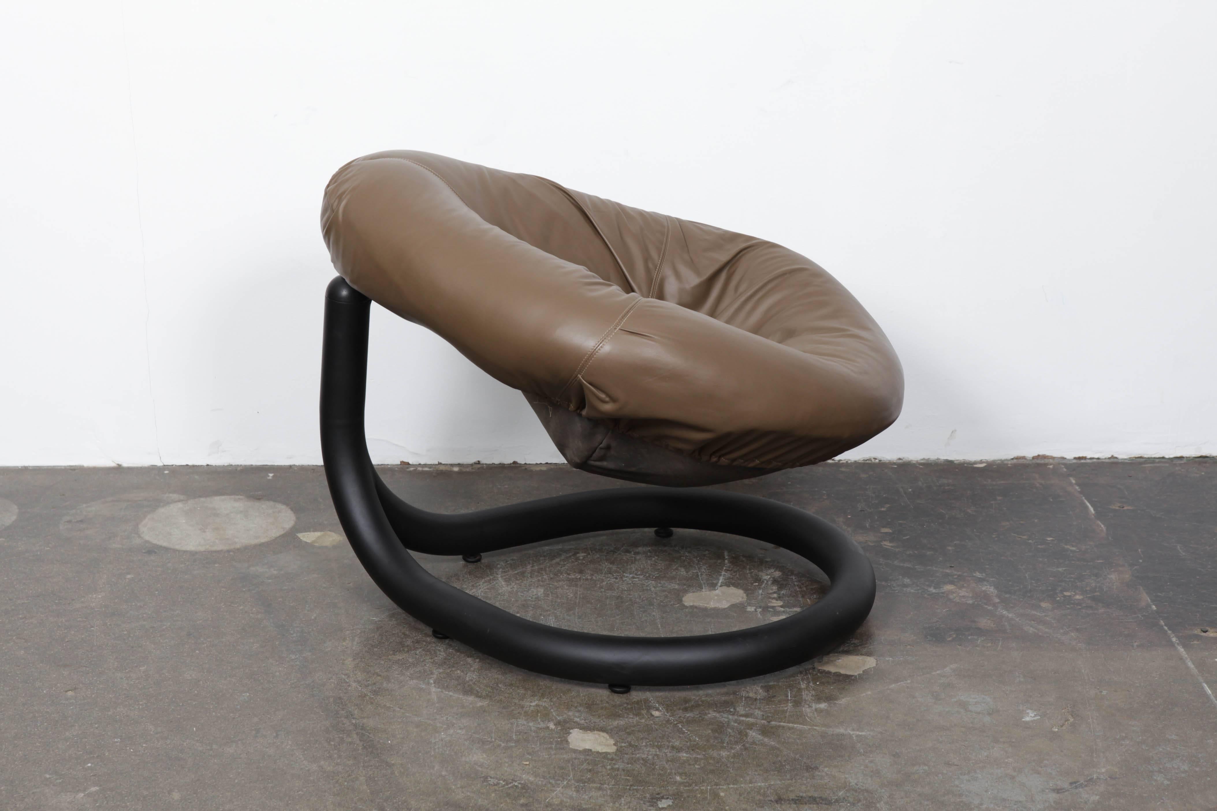 Mid-Century Modern 1970s Brazilian Black Iron and Leather Swivel Chair