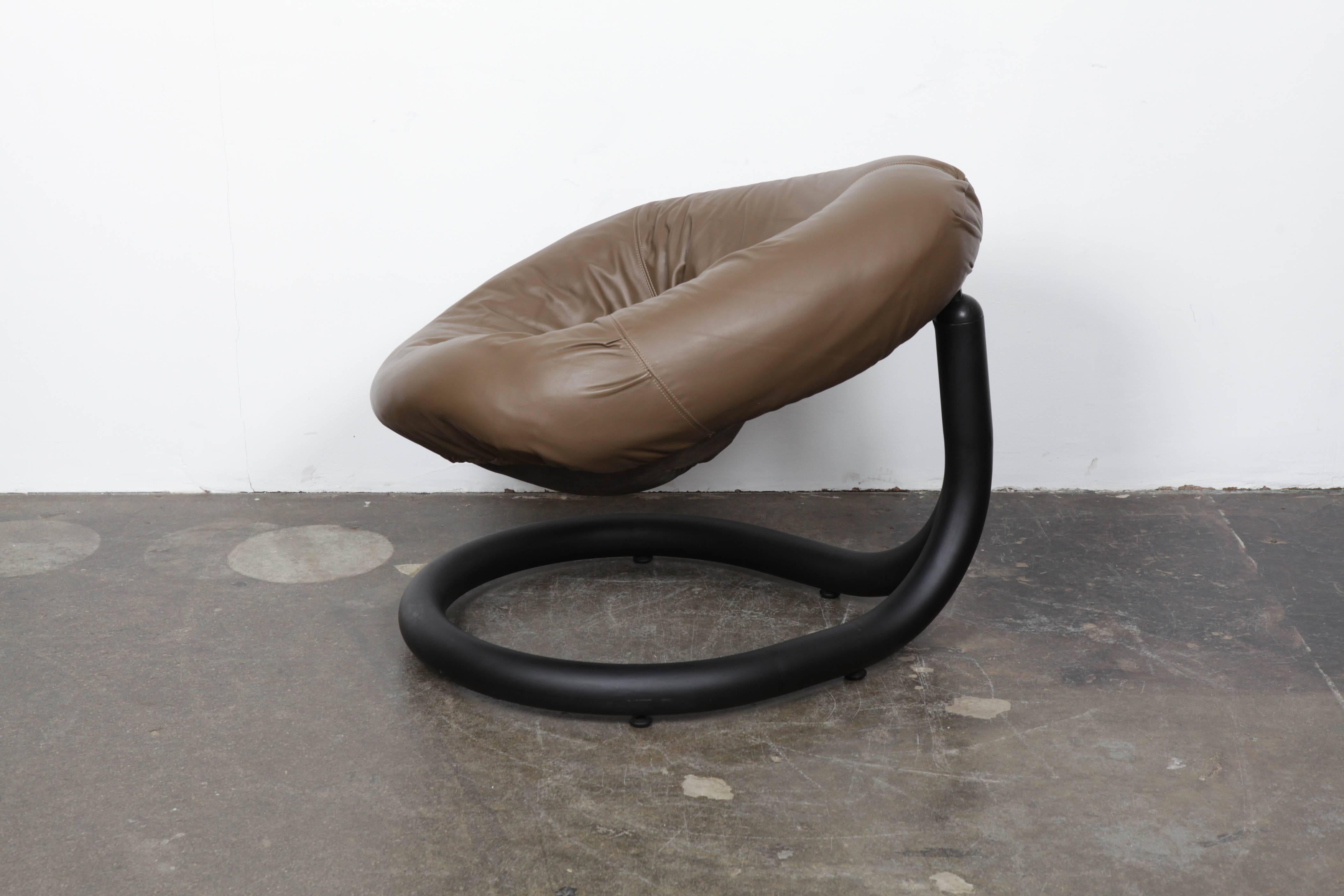 Late 20th Century 1970s Brazilian Black Iron and Leather Swivel Chair
