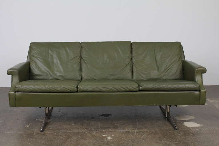 Danish Mid Century Modern Green Leather Sofa With Metal Legs