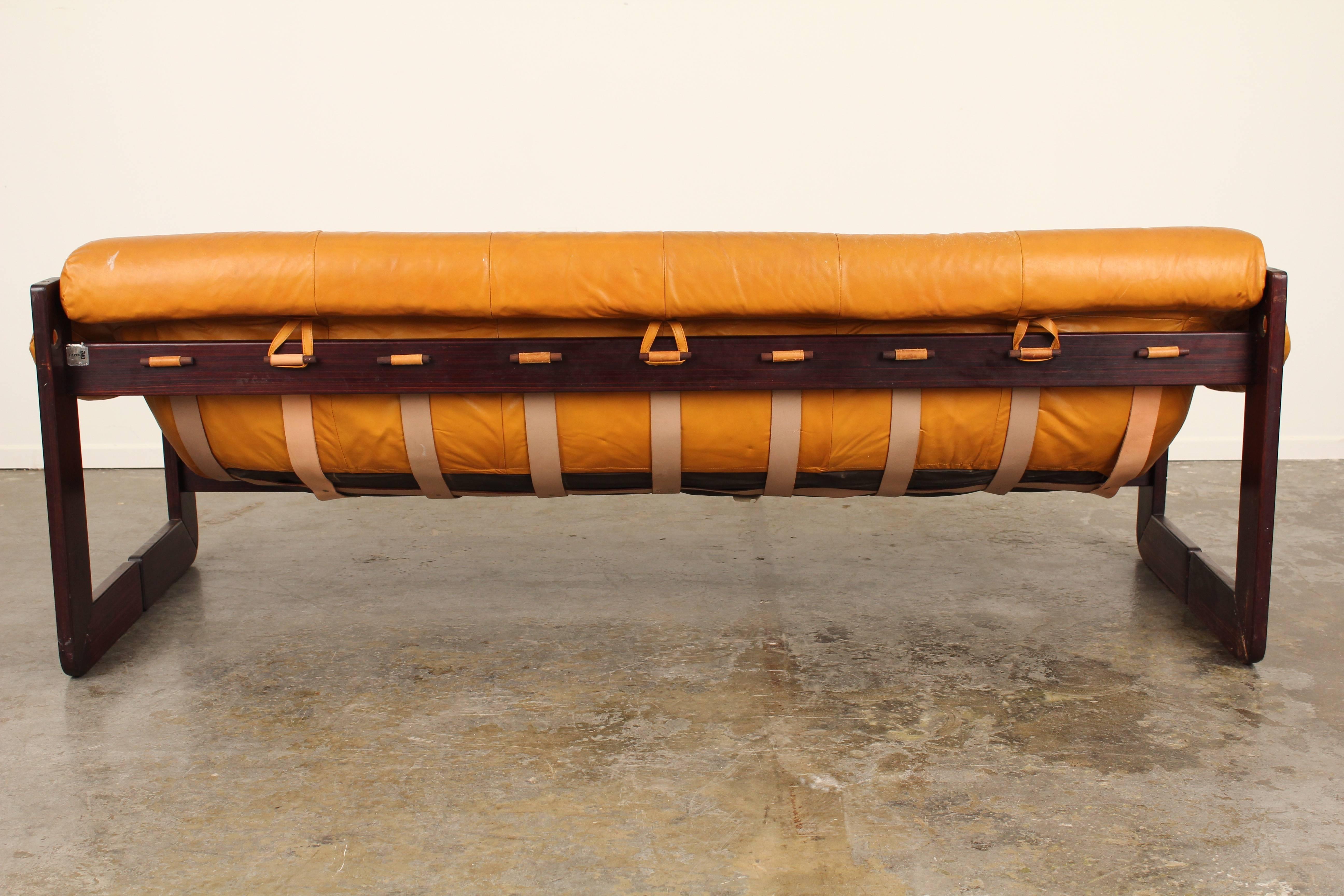 Brazilian Rosewood and Leather Sofa by Percival Lafer In Good Condition In North Hollywood, CA