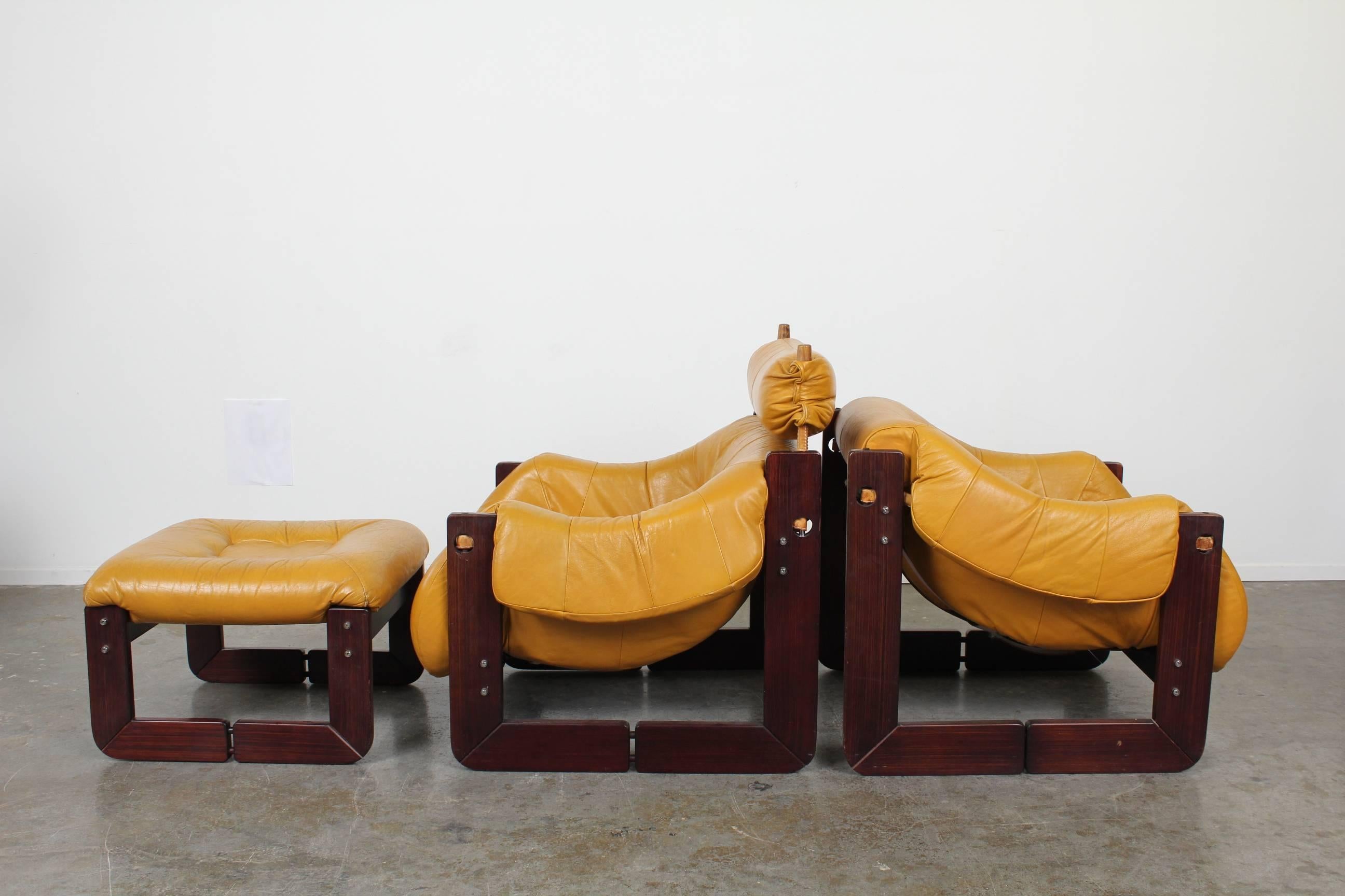Late 20th Century Pair of Percival Lafer Leather Lounge Chairs, Ottoman