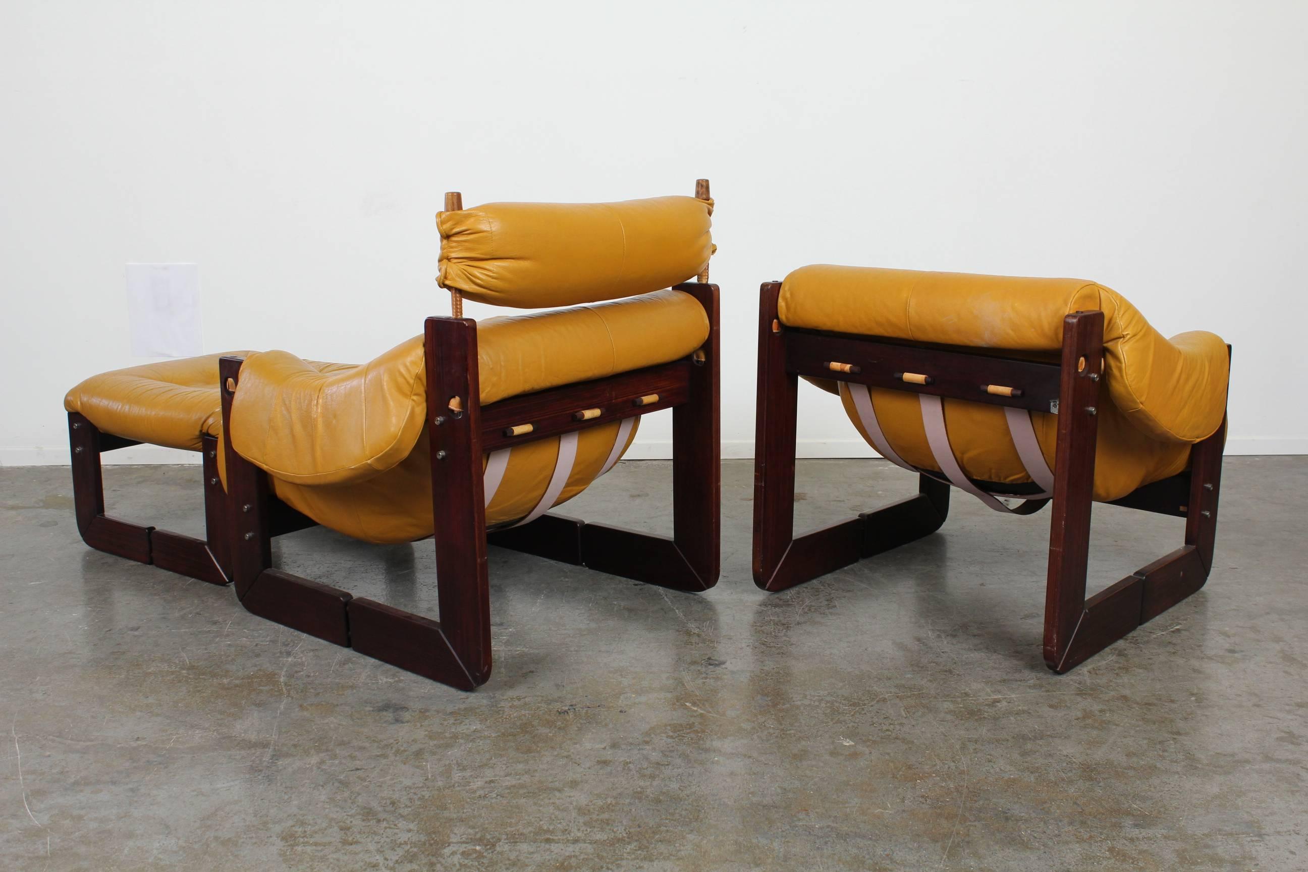 Brazilian Pair of Percival Lafer Leather Lounge Chairs, Ottoman