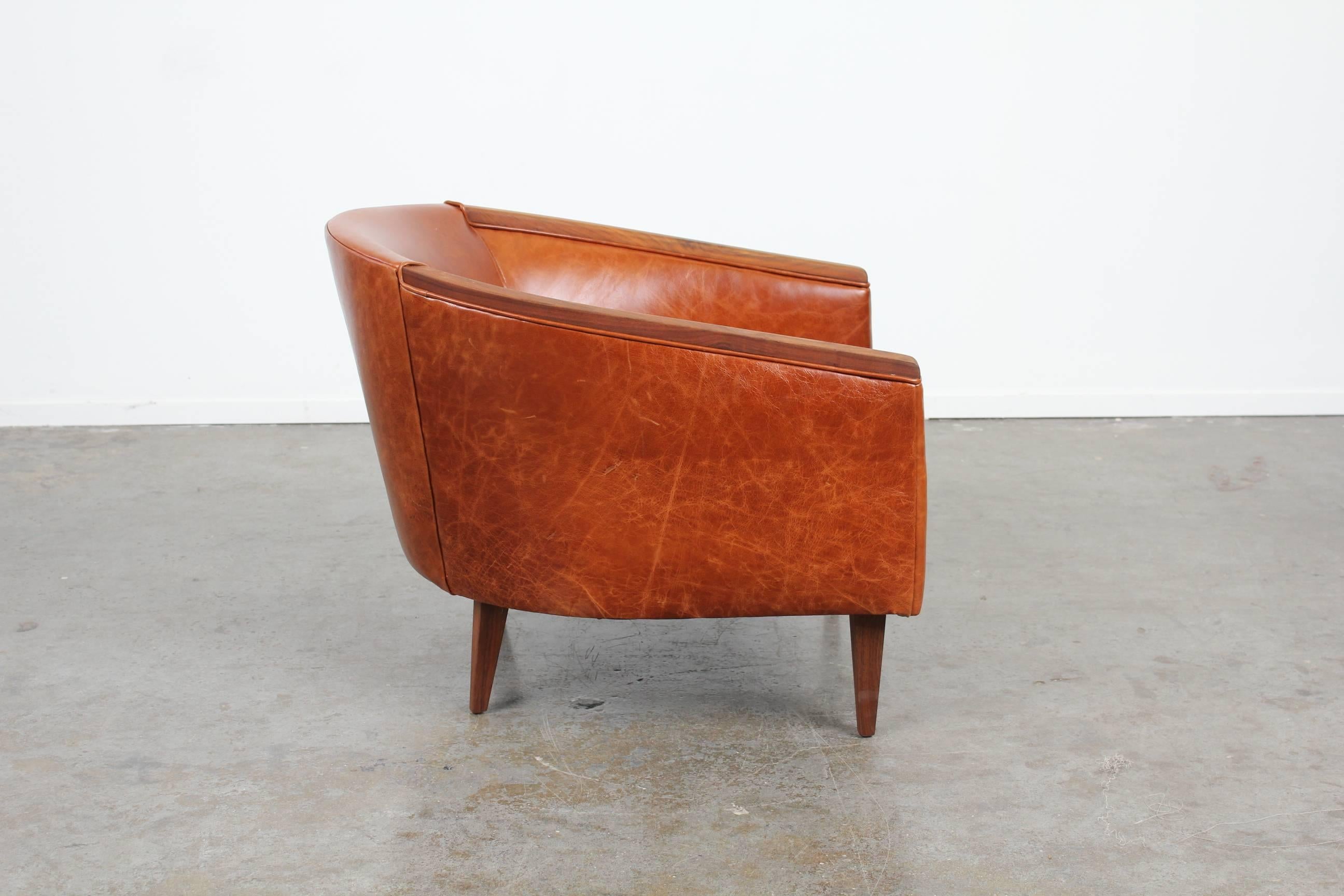 Danish Pair of Midcentury Leather Barrel Back Lounge Chairs