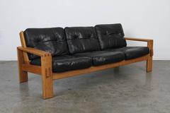 Danish Mid-Century Modern Black Leather Oak Sofa by Esko Pajamies for Asko