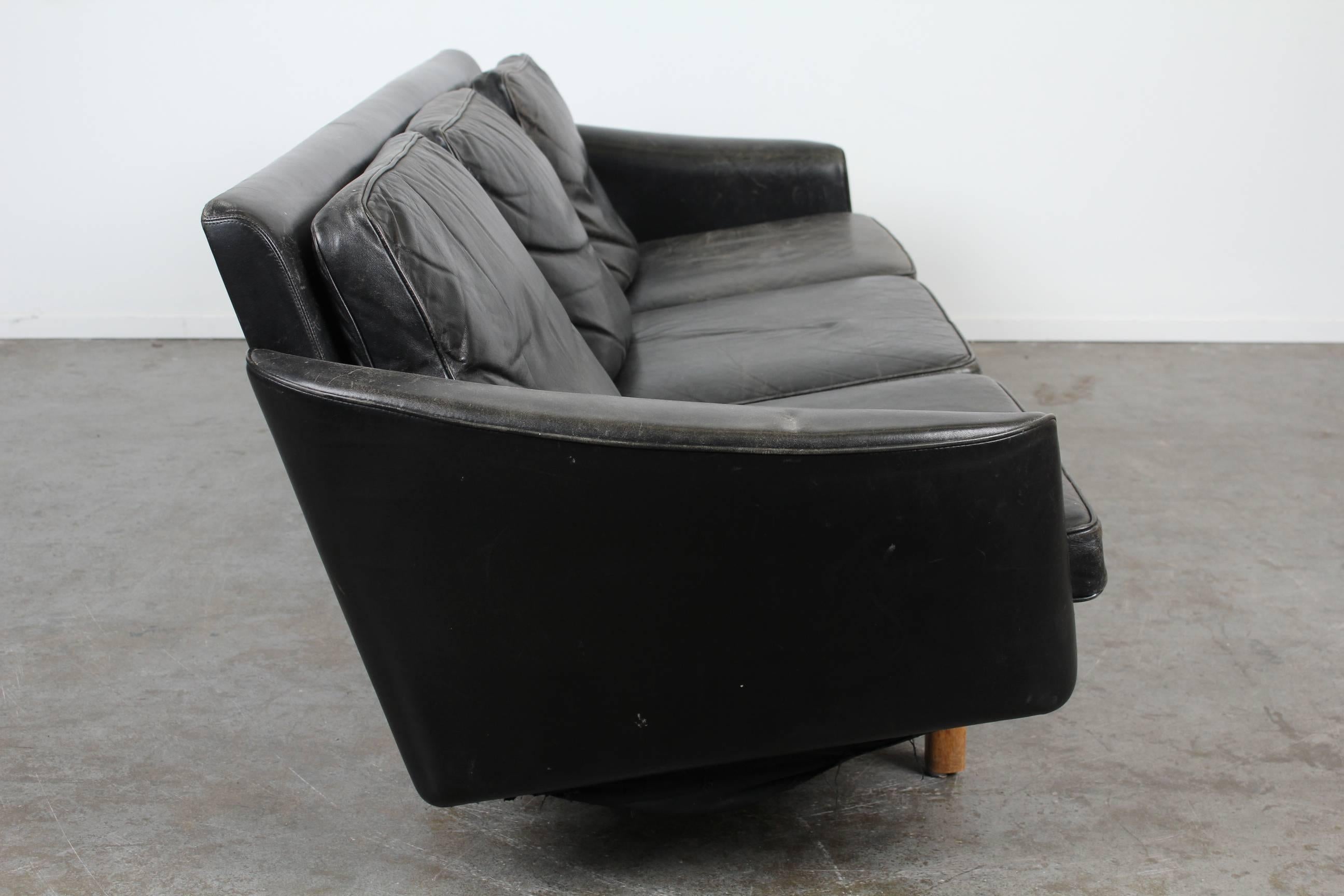 Swedish Mid-Century Modern Black Leather Sofa