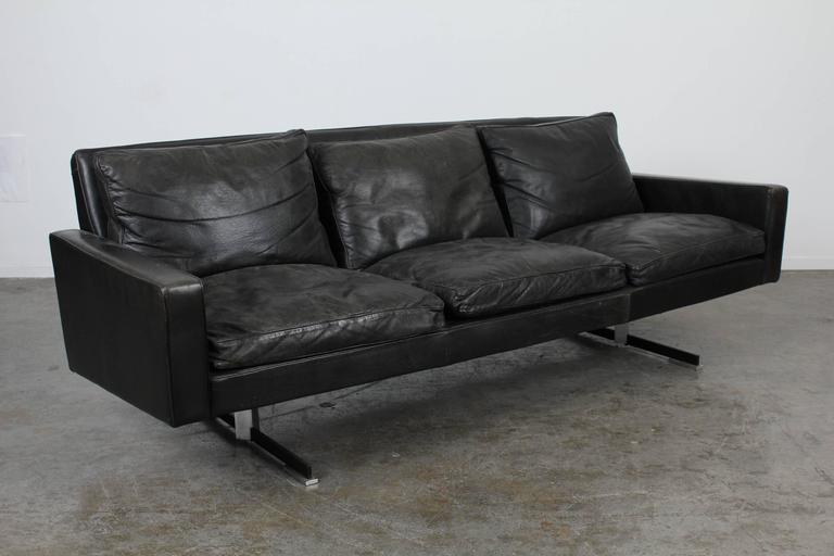 Black Leather Sofa With Chrome Legs, Black Leather Mid Century Sofa