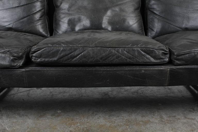 Mid Century Modern Black Leather Sofa, Modern Black Leather Sofa With Chrome Legs