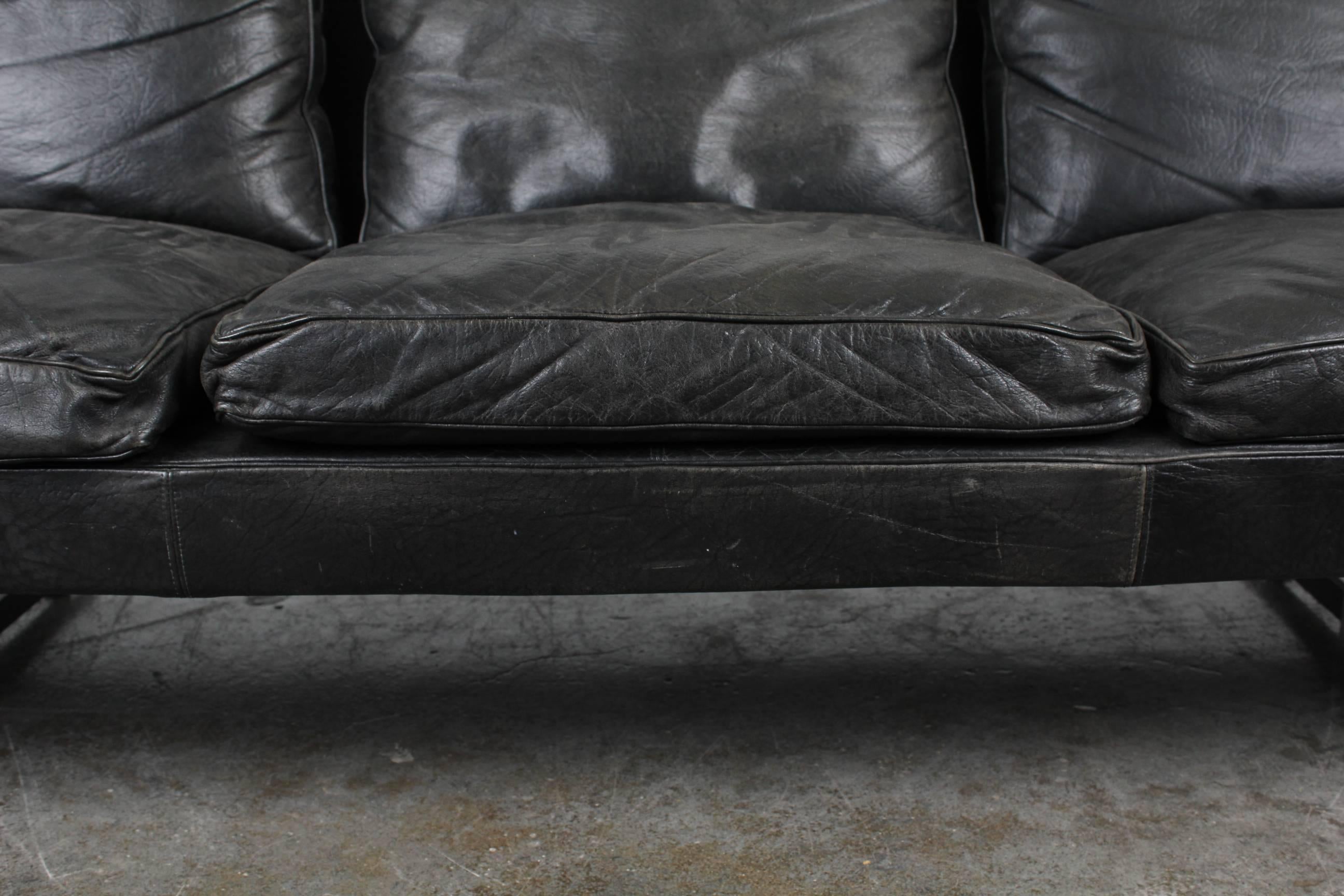 Mid-Century Modern Black Leather Sofa with Chrome Legs 2