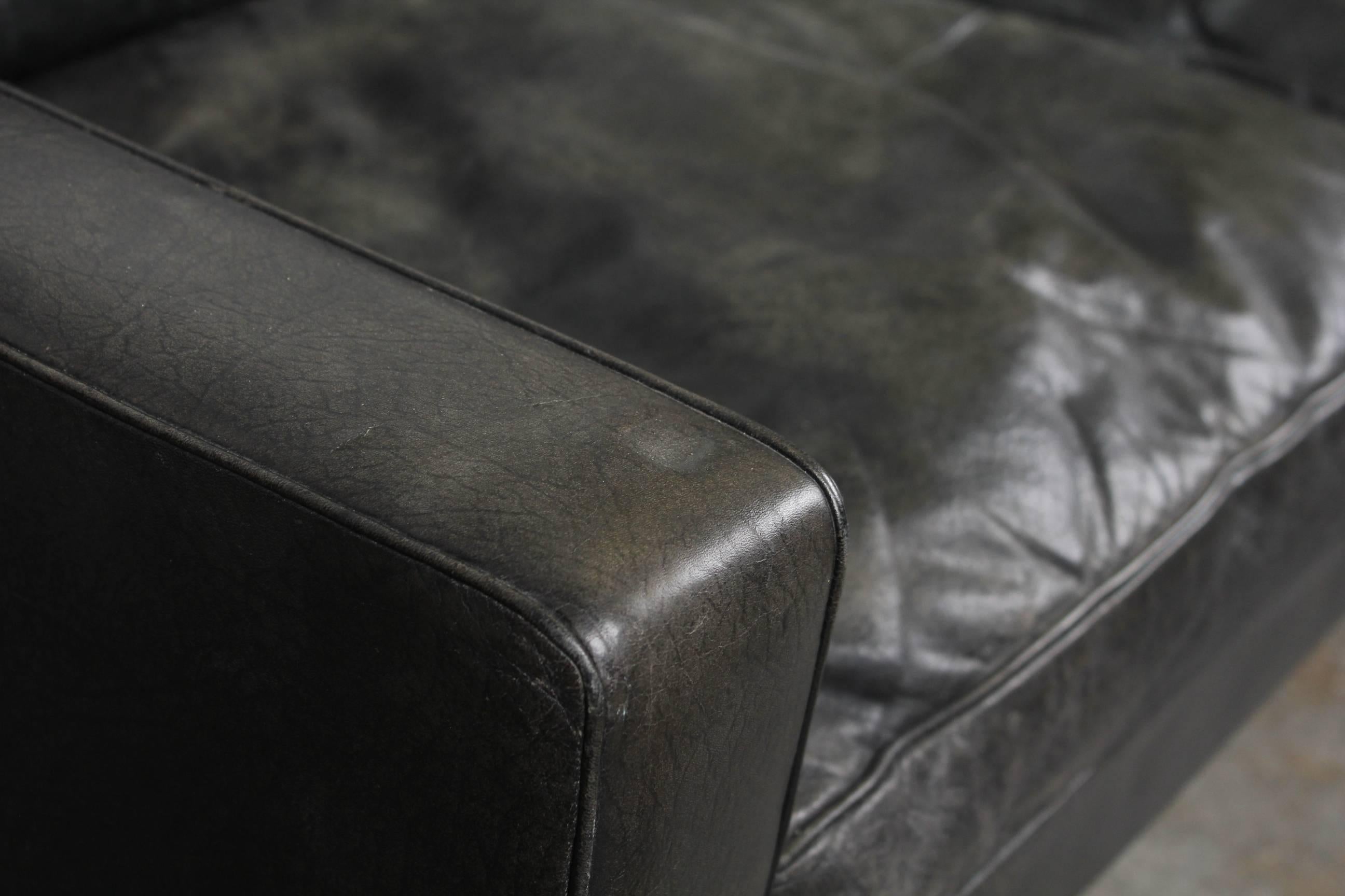 Danish Mid-Century Modern Black Leather Sofa with Chrome Legs