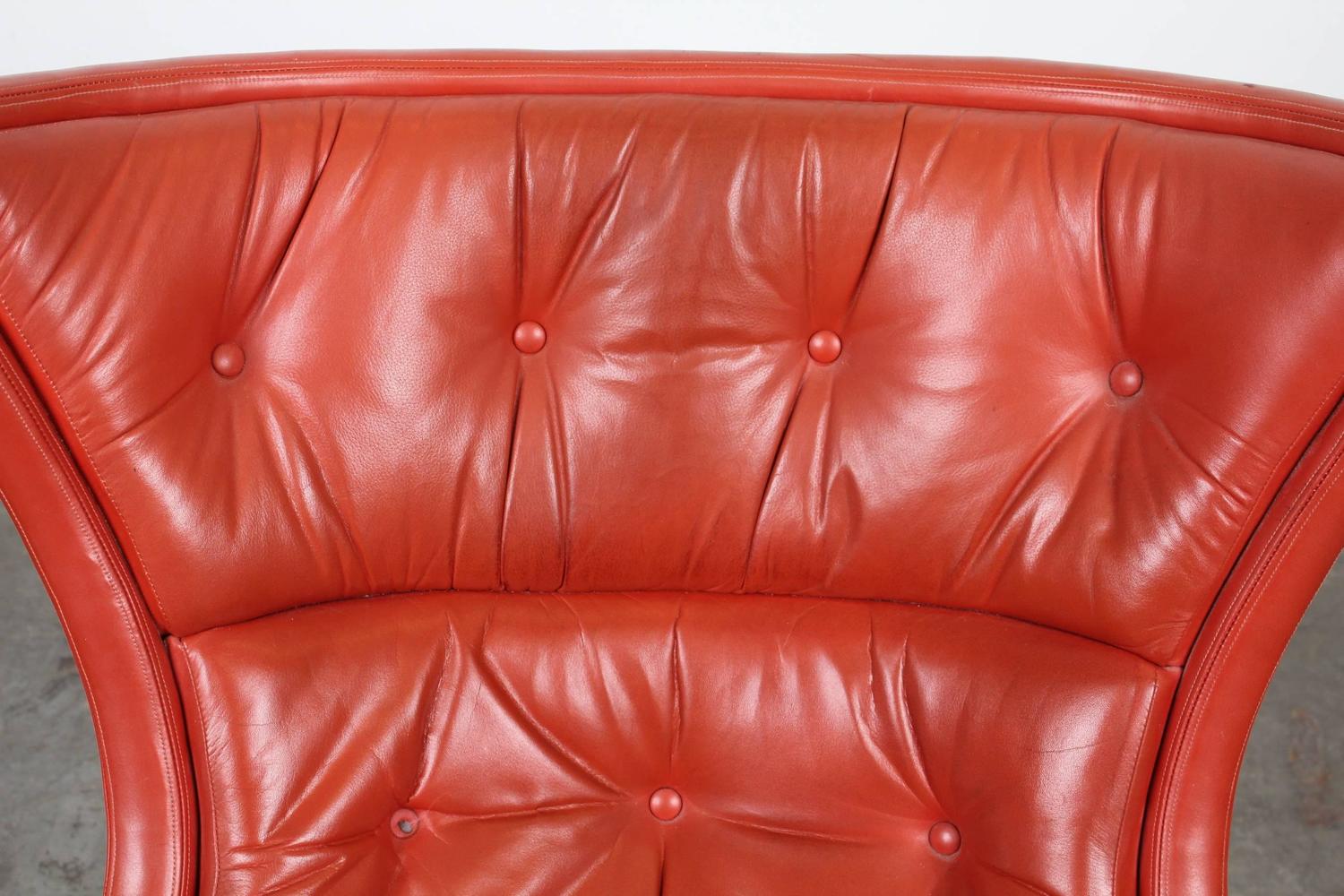 MidCentury Modern Red Leather Swivel Chair at 1stdibs