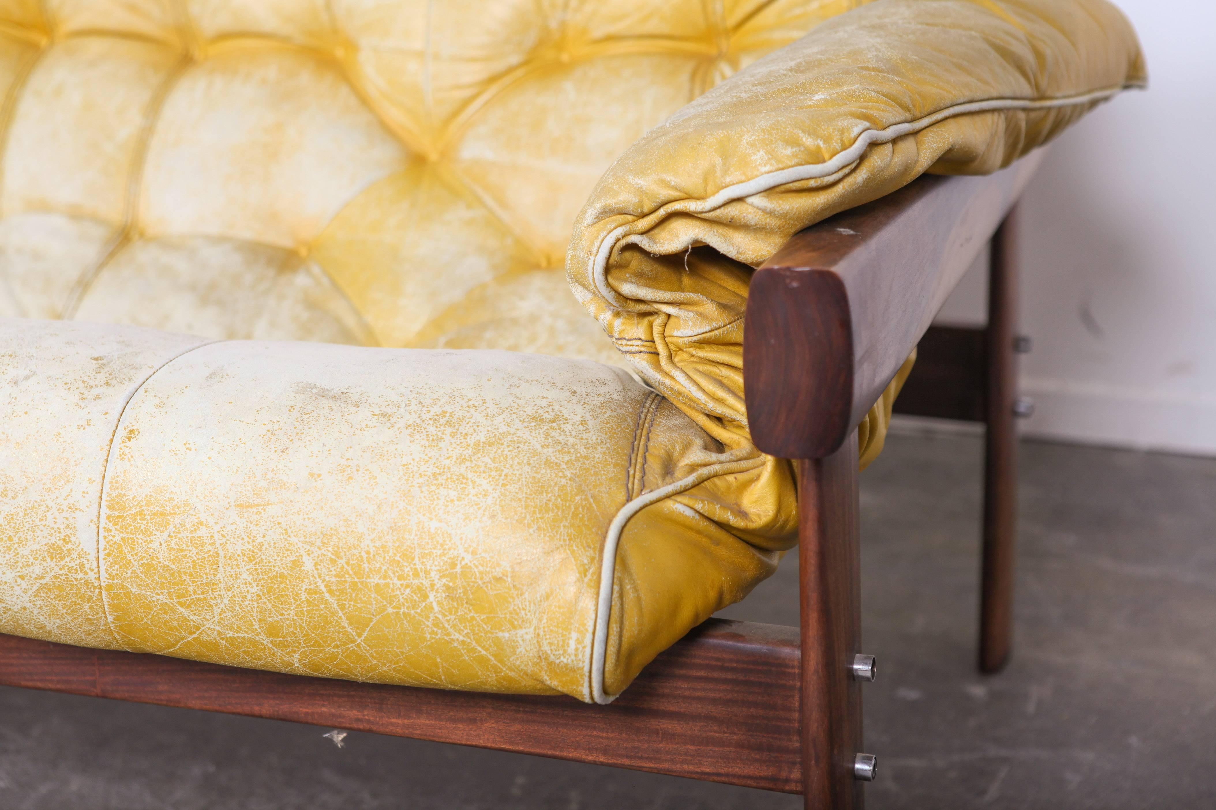 Mid-Century Modern Percival Lafer Rosewood, and Distressed, Tufted, Yellow Leather, Sofa, Brazil