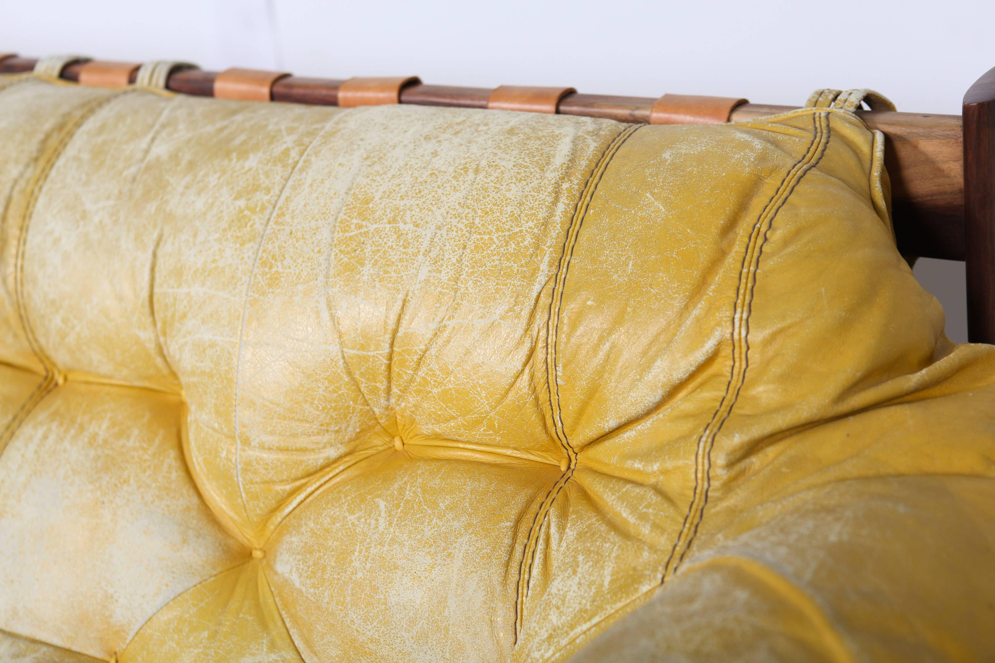 Brazilian Percival Lafer Rosewood, and Distressed, Tufted, Yellow Leather, Sofa, Brazil