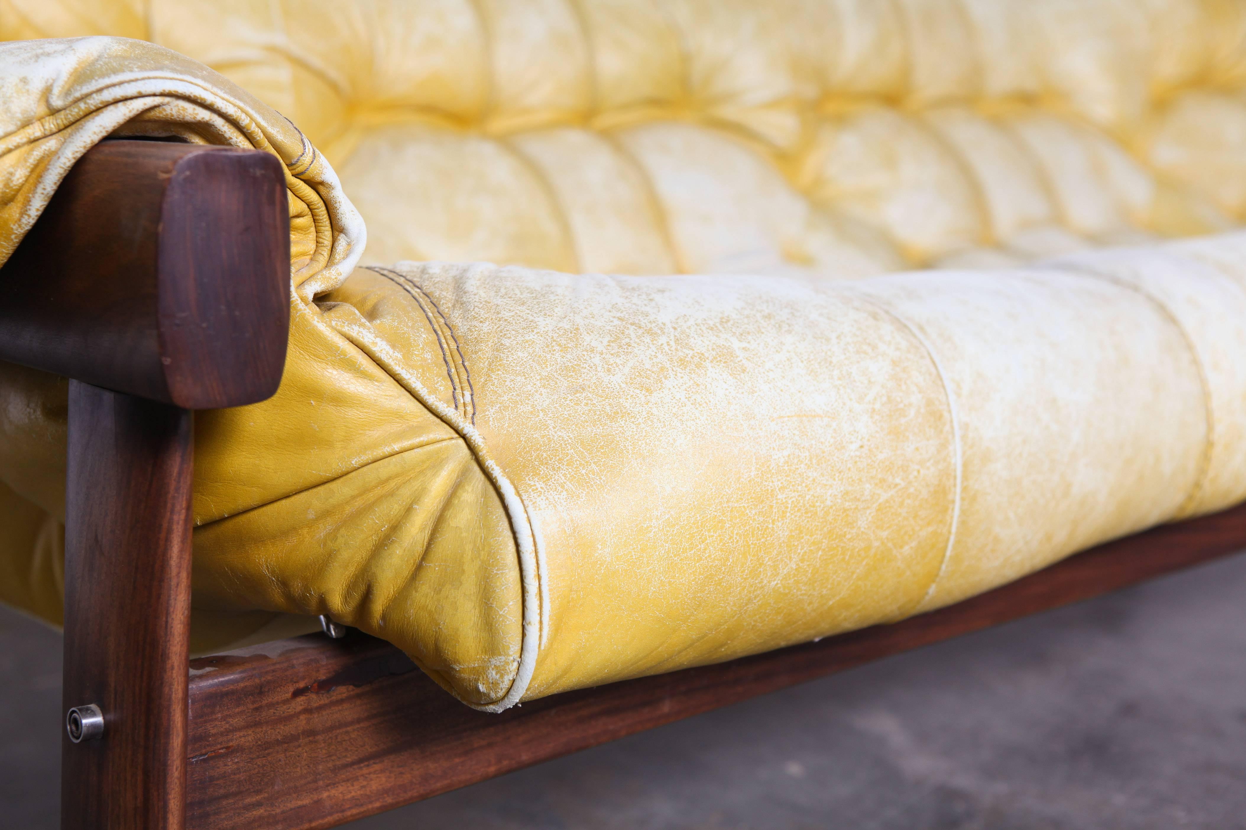 Percival Lafer Rosewood, and Distressed, Tufted, Yellow Leather, Sofa, Brazil In Good Condition In North Hollywood, CA