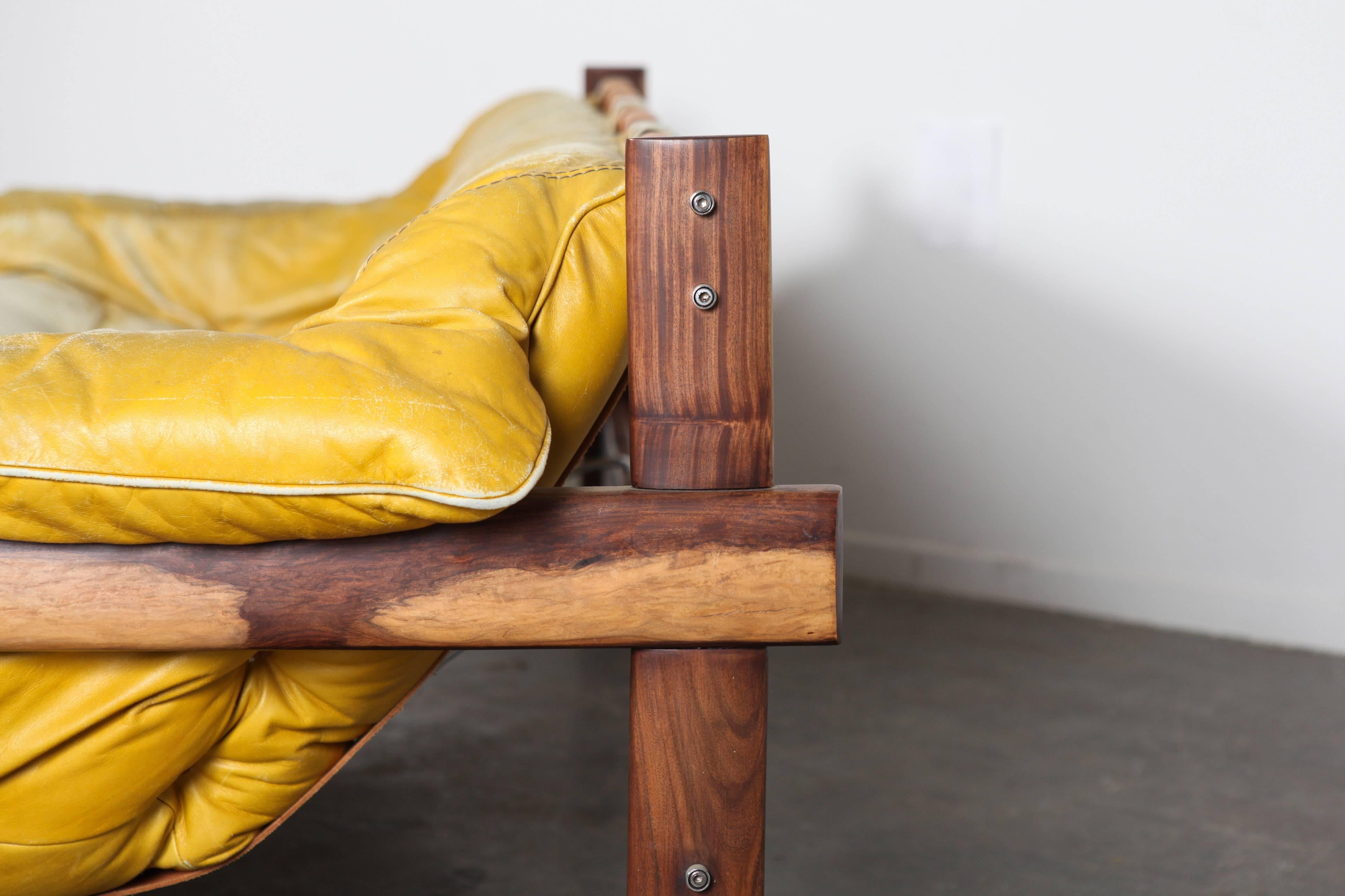 Mid-20th Century Percival Lafer Rosewood, and Distressed, Tufted, Yellow Leather, Sofa, Brazil