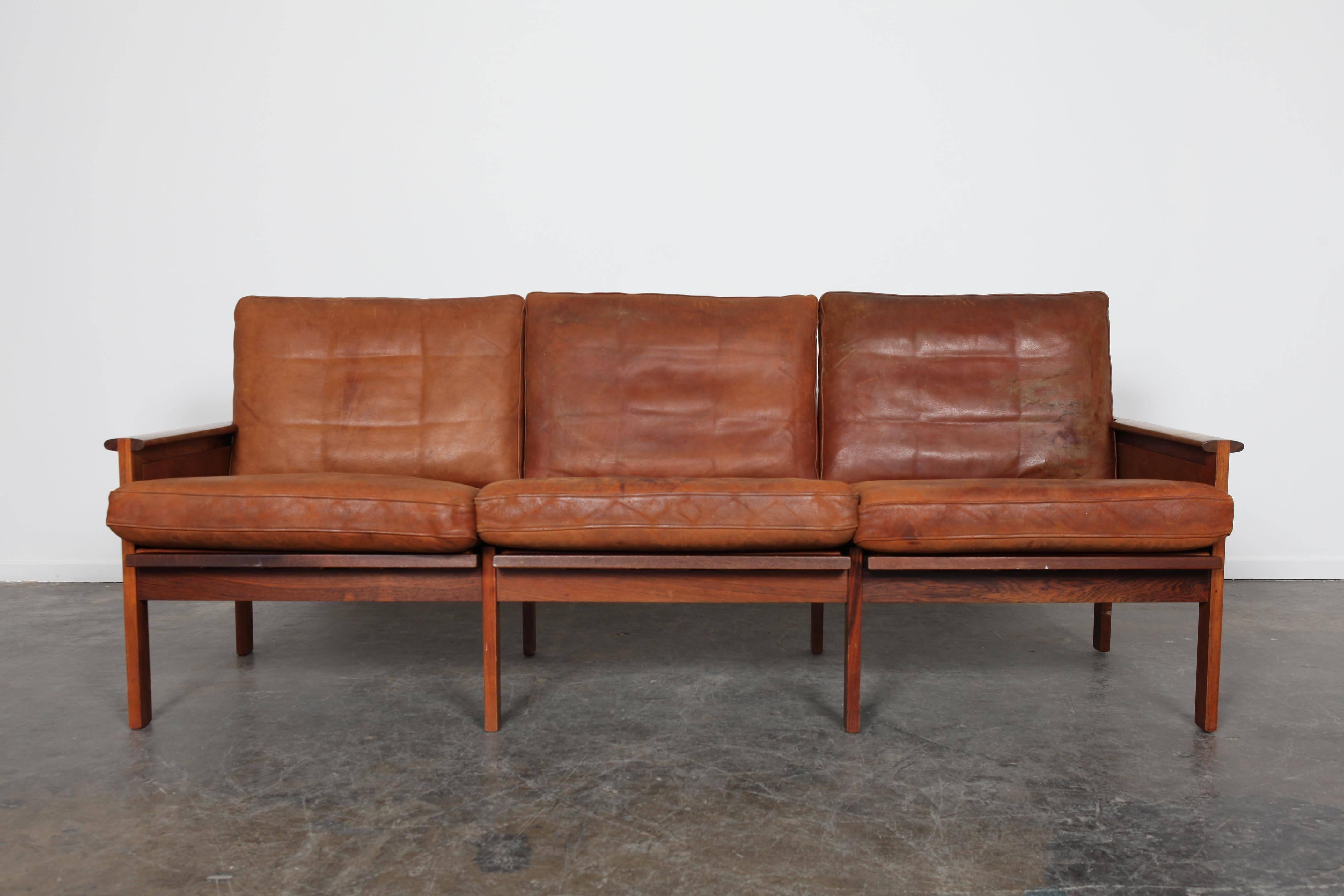 Danish Leather Sofa with Solid Rosewood Frame by Illum Wikkelso 4