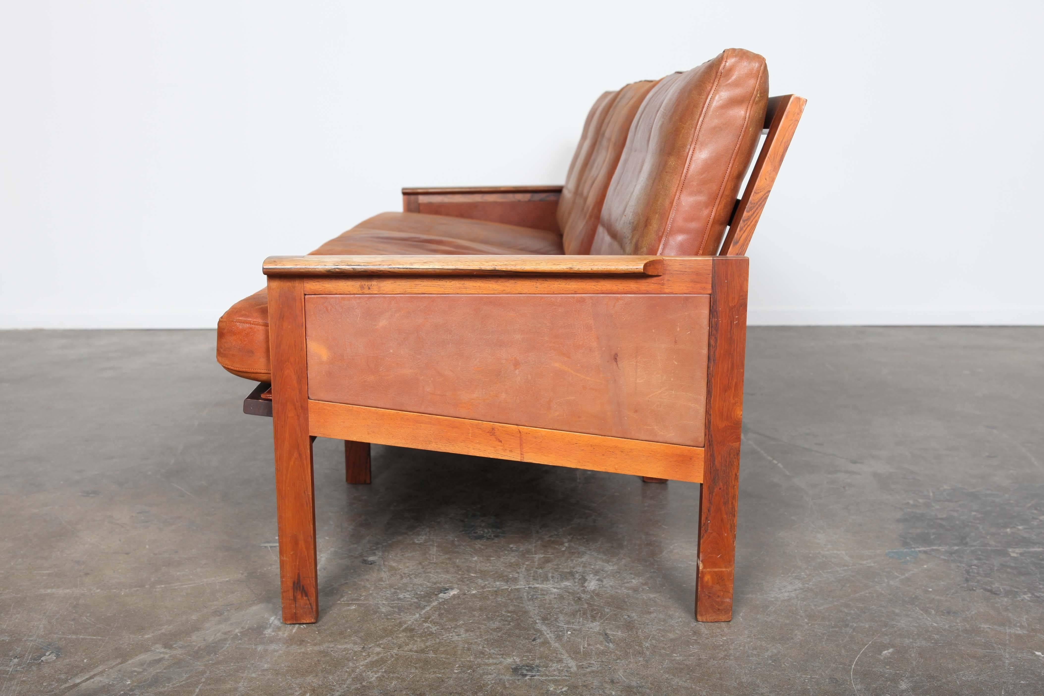 Danish Leather Sofa with Solid Rosewood Frame by Illum Wikkelso 3