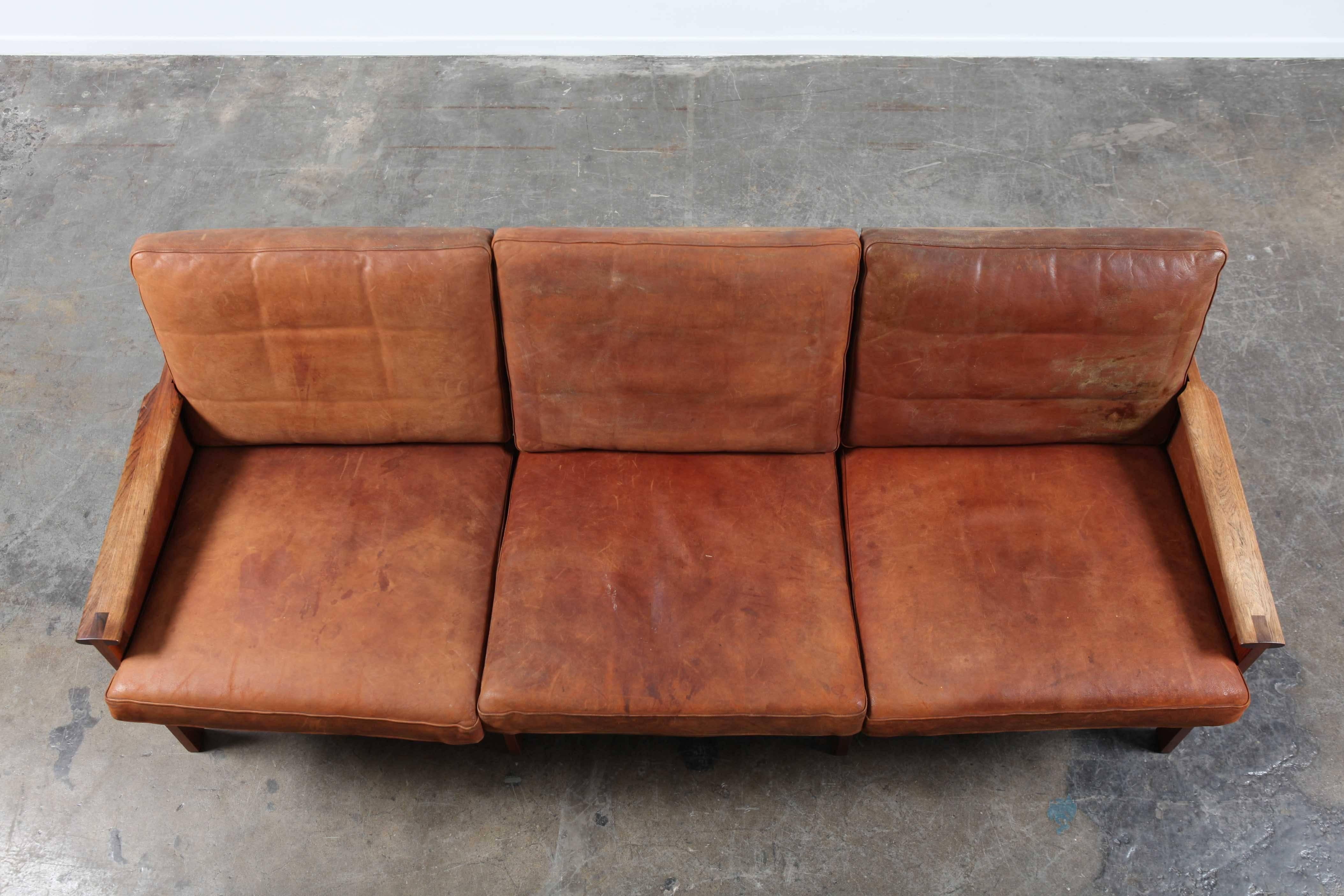 Danish Leather Sofa with Solid Rosewood Frame by Illum Wikkelso 5