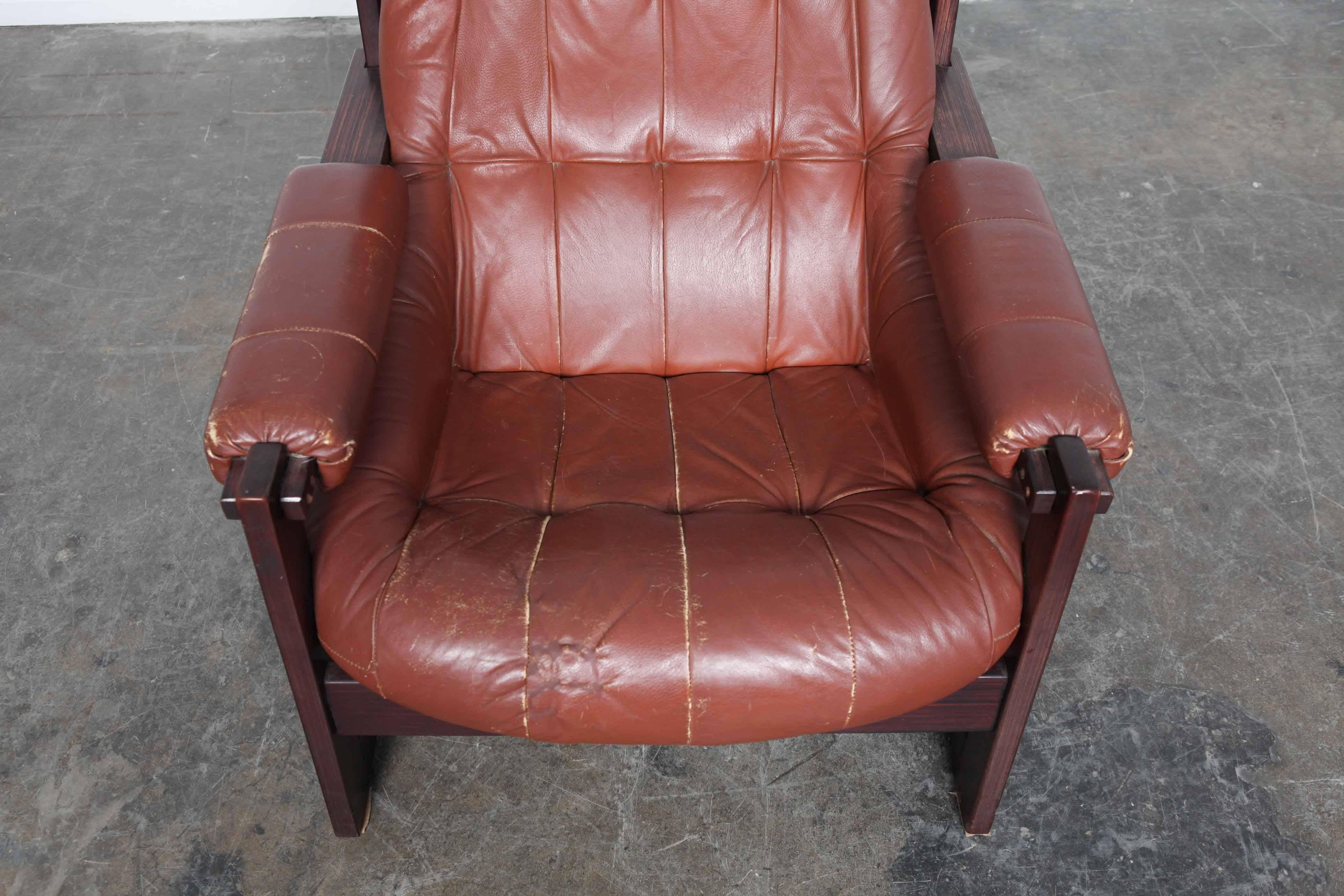 Mid-Century Modern Percival Lafer MP-167 Brazilian Lounge Chair In Original Brown Leather For Sale