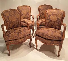 Set of Four French Fine Walnut Chairs, Louis XV Period, circa 1750