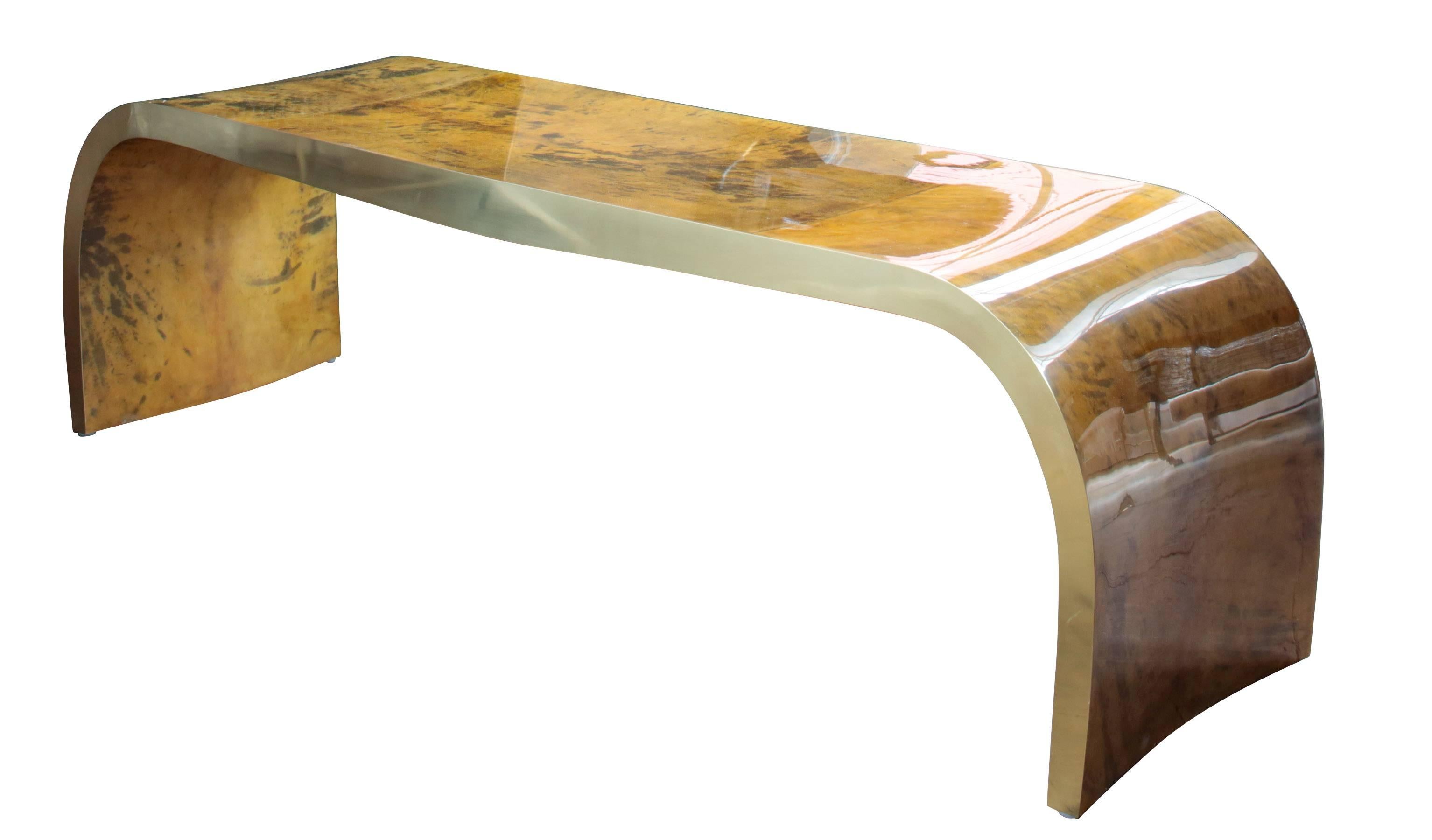 Mid-Century Modern Concave Bench in Vintage Color Goatskin in the Style of Karl Springer