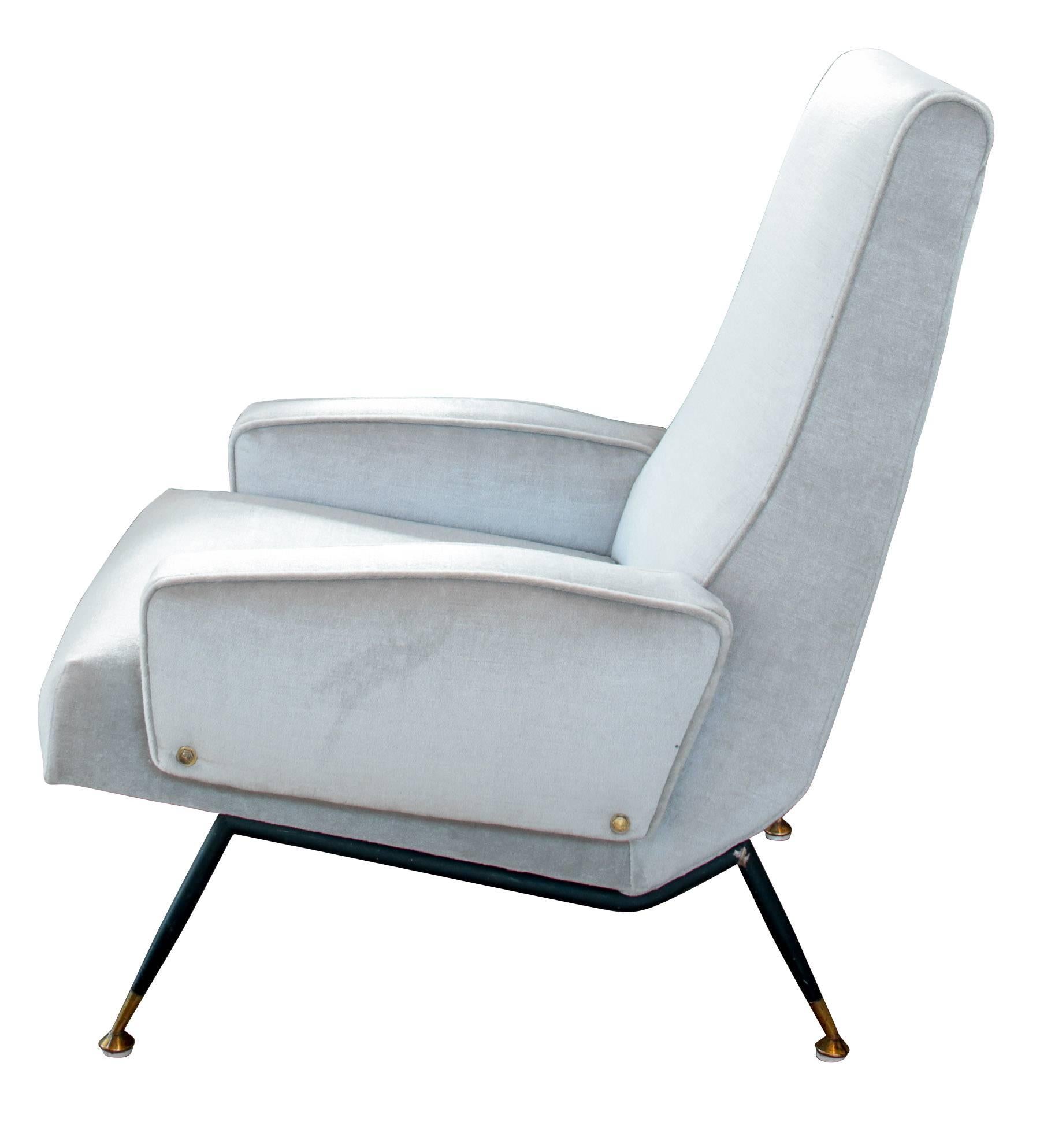 Beautiful pair of 1950s Italian armchairs in the style of Gio Ponti newly re-upholstered in grey velvet with brass legs.